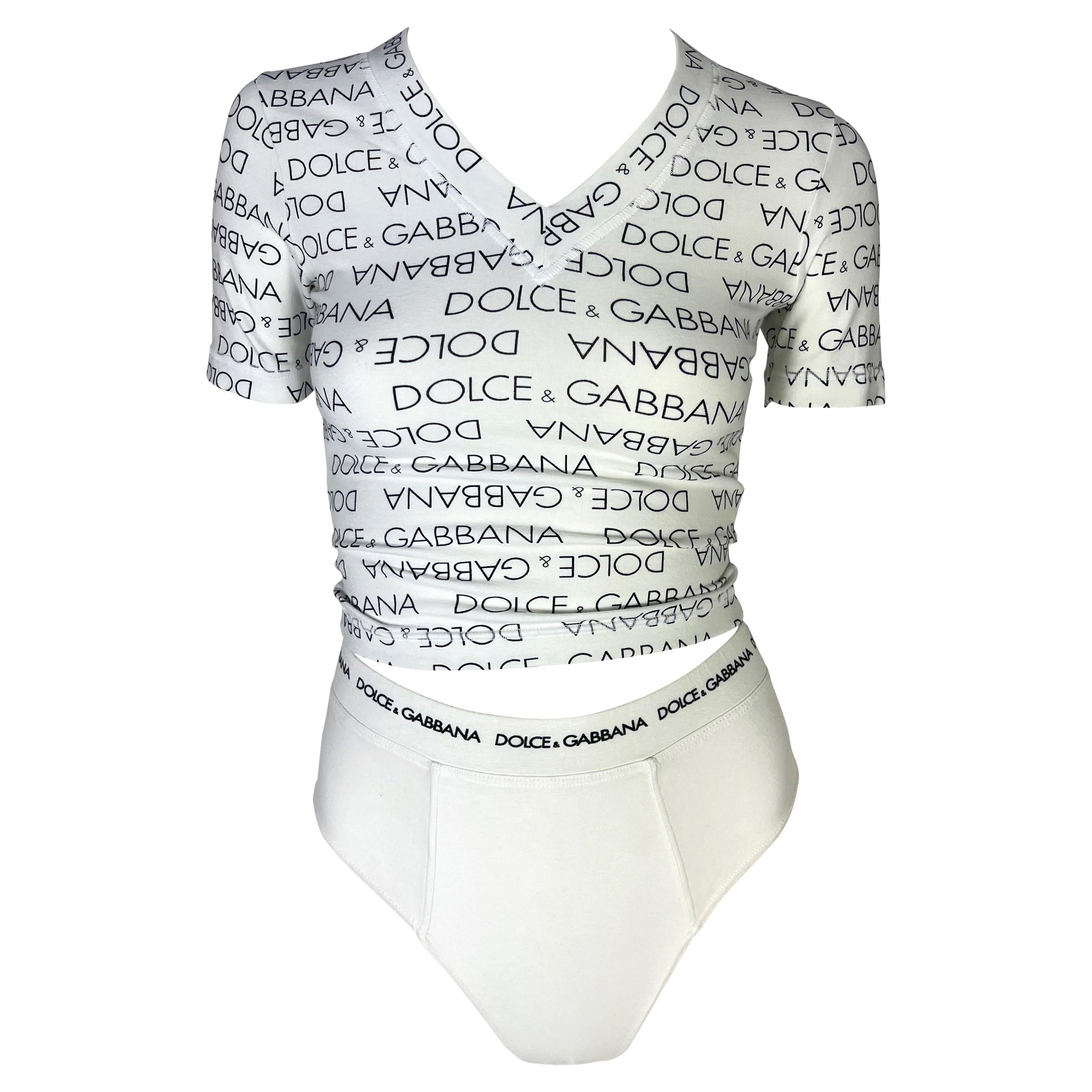 S.S. 1995 Dolce & Gabbana White Logo Print Stretch V-Neck Brief Set