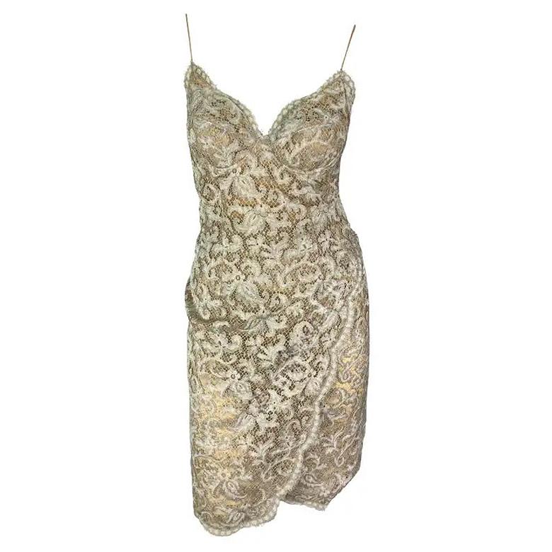 S/S 1995 Donna Karan Runway Silver Lace Wrap Style Slip Dress in vendita