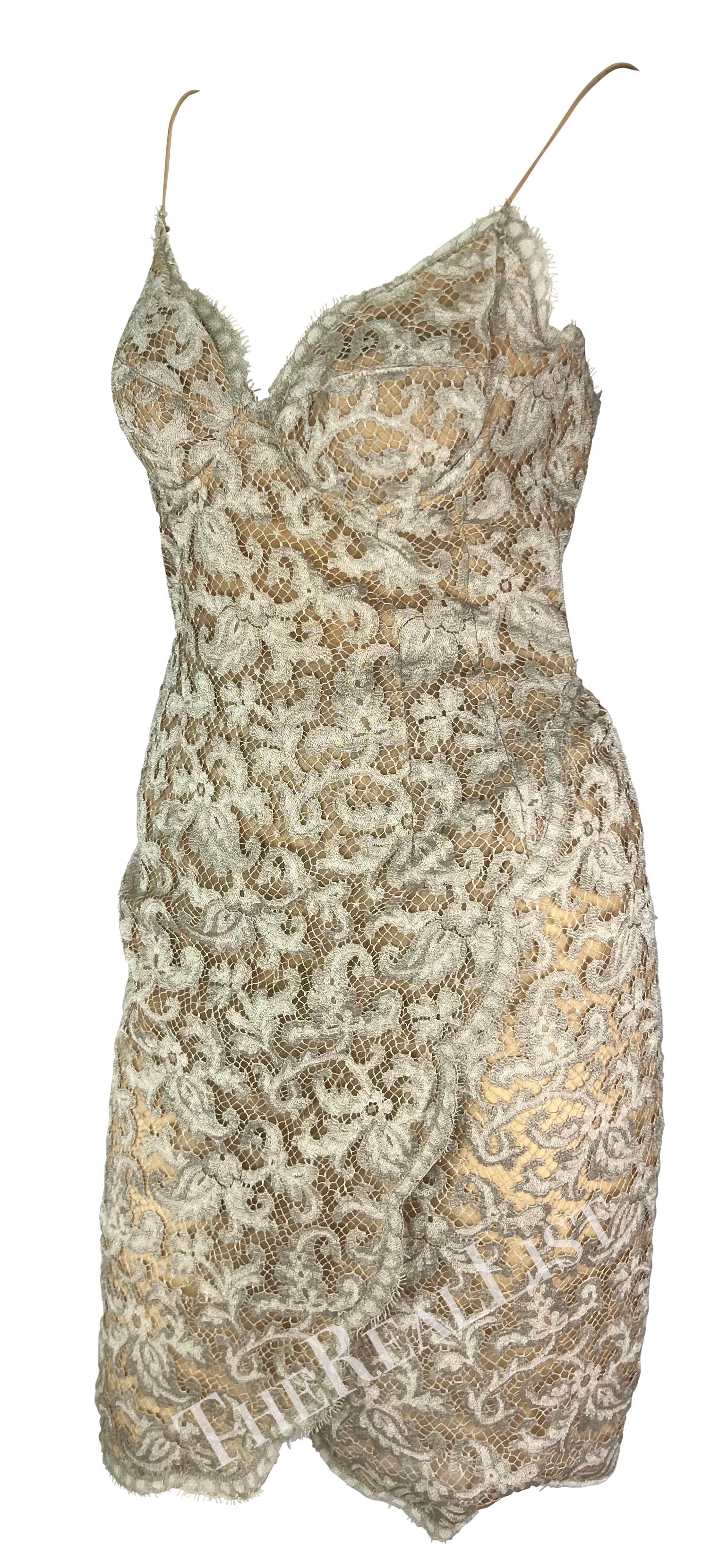 S/S 1995 Donna Karan Runway Silver Lace Wrap Style Slip Dress In Excellent Condition For Sale In West Hollywood, CA
