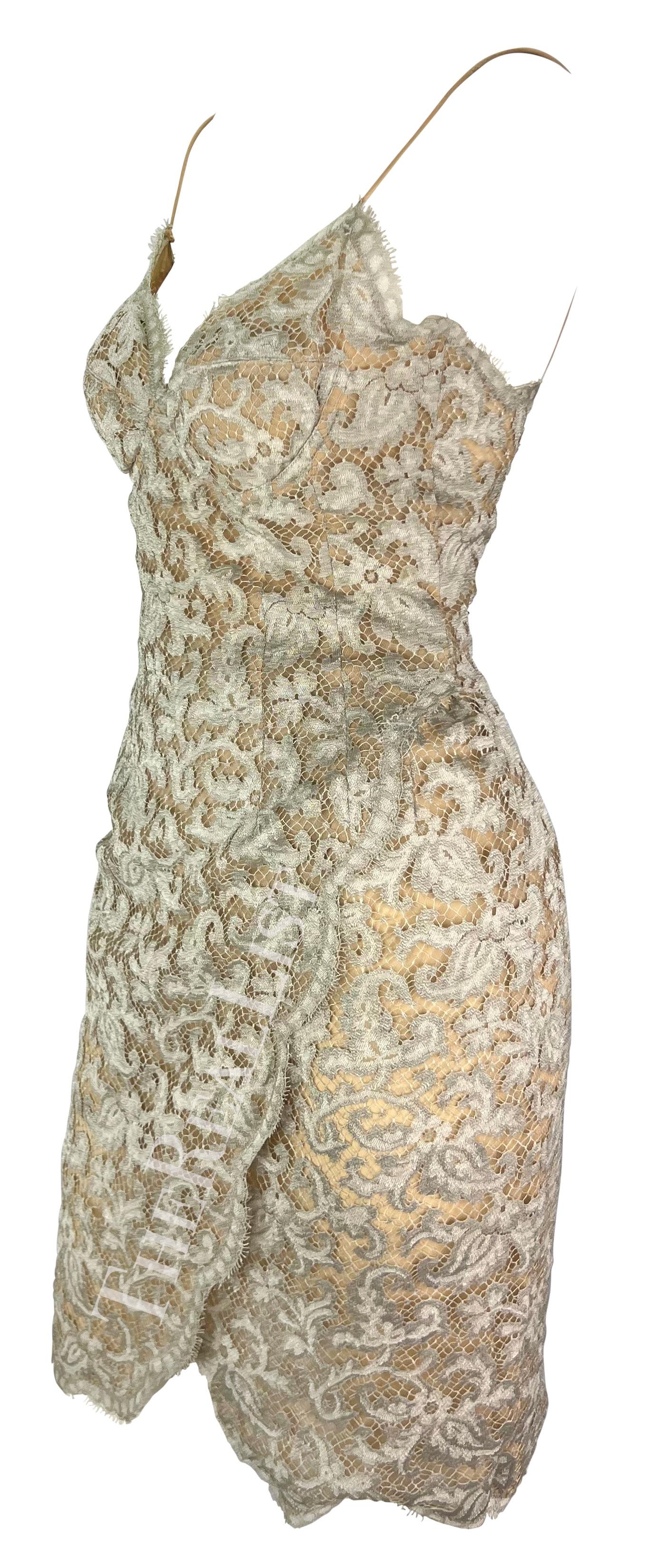 S/S 1995 Donna Karan Runway Silver Lace Wrap Style Slip Dress For Sale 2