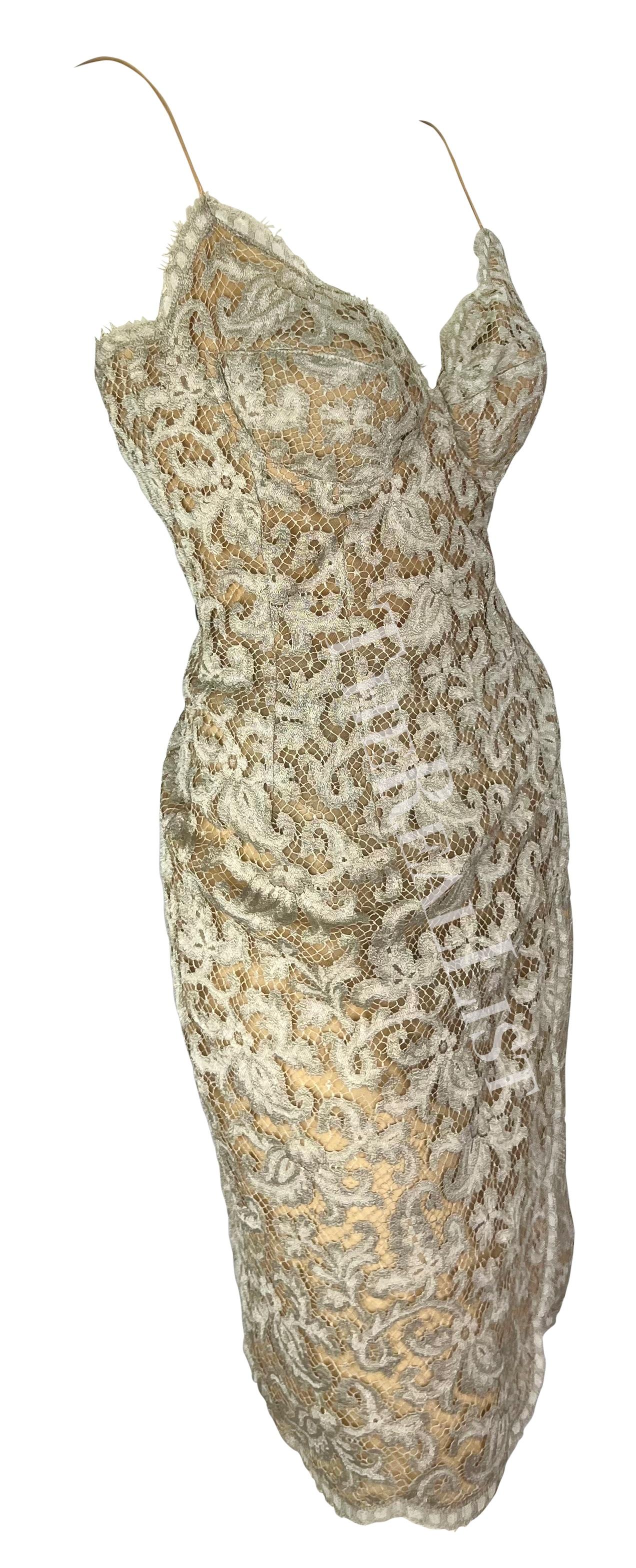 S/S 1995 Donna Karan Runway Silver Lace Wrap Style Slip Dress For Sale 4