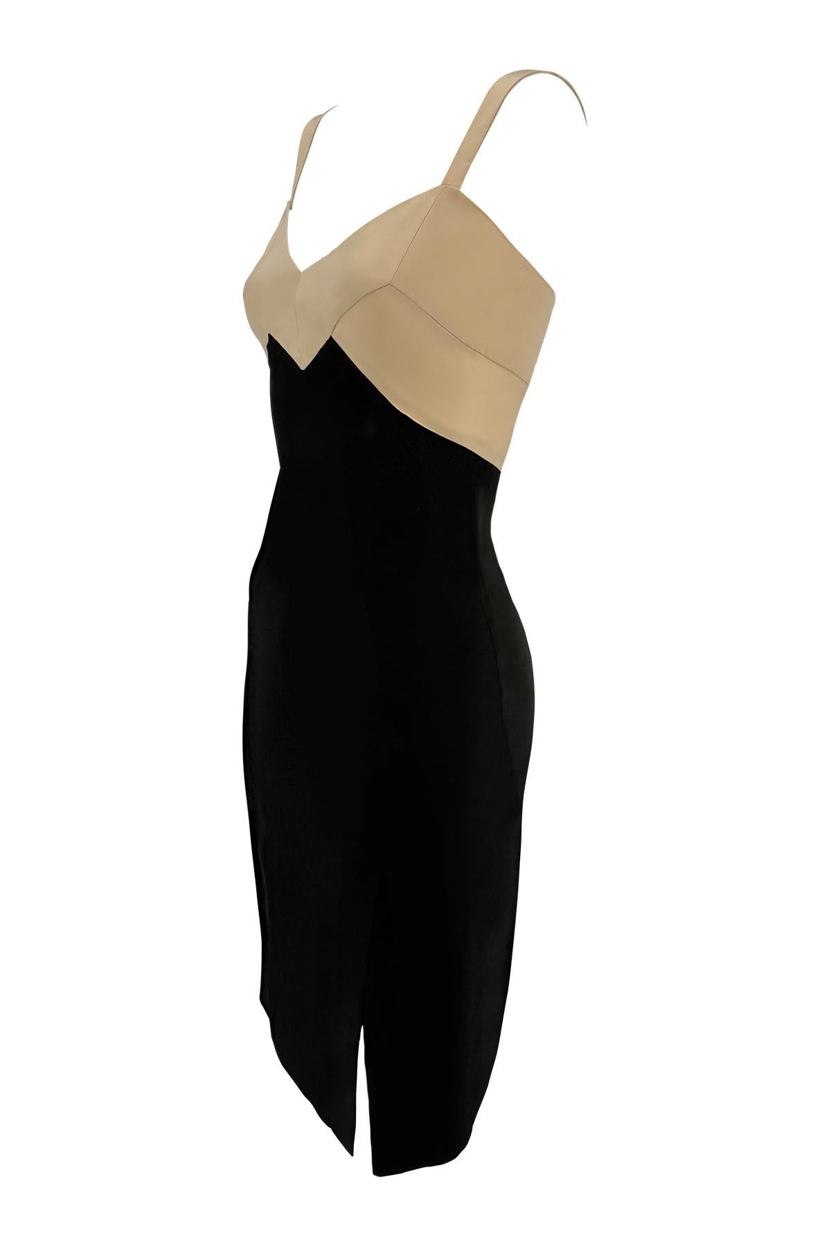 Women's S/S 1995 Donna Karan Runway Tan Satin Black Bodycon Cocktail Dress For Sale