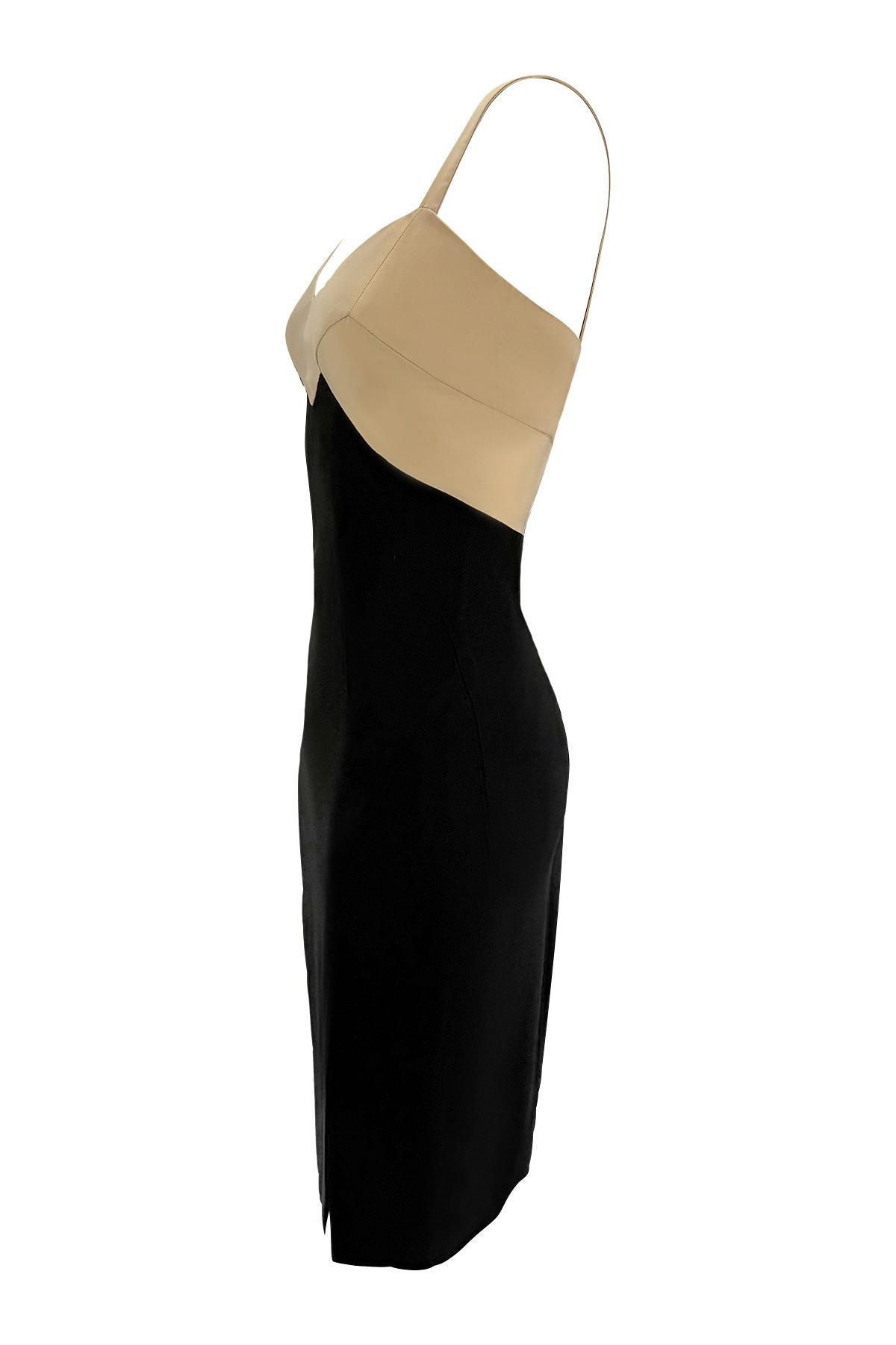 S/S 1995 Donna Karan Runway Tan Satin Black Bodycon Cocktail Dress For Sale 1