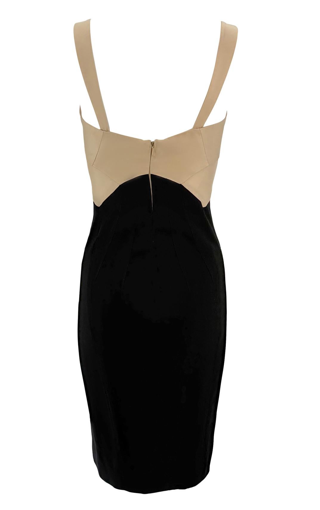 S/S 1995 Donna Karan Runway Tan Satin Black Bodycon Cocktail Dress For Sale 2