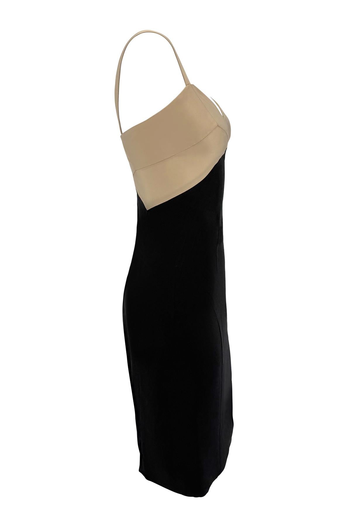 S/S 1995 Donna Karan Runway Tan Satin Black Bodycon Cocktail Dress For Sale 3
