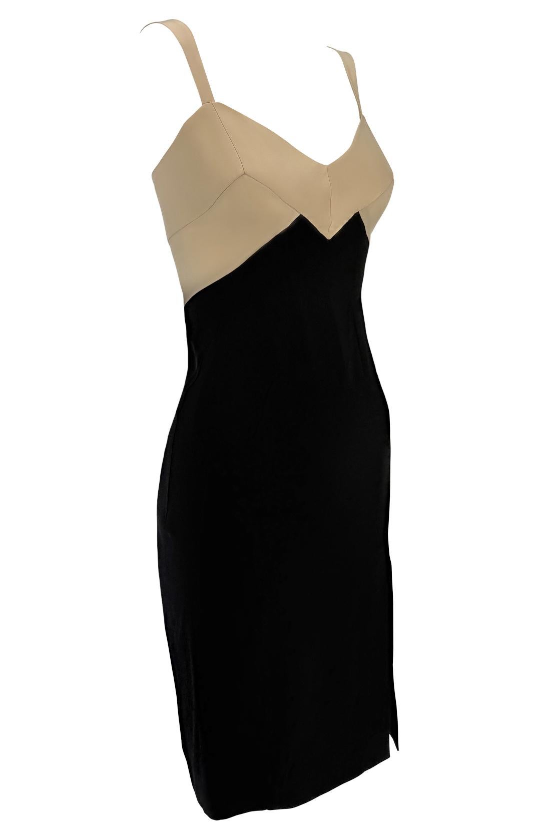 S/S 1995 Donna Karan Runway Tan Satin Black Bodycon Cocktail Dress For Sale 4