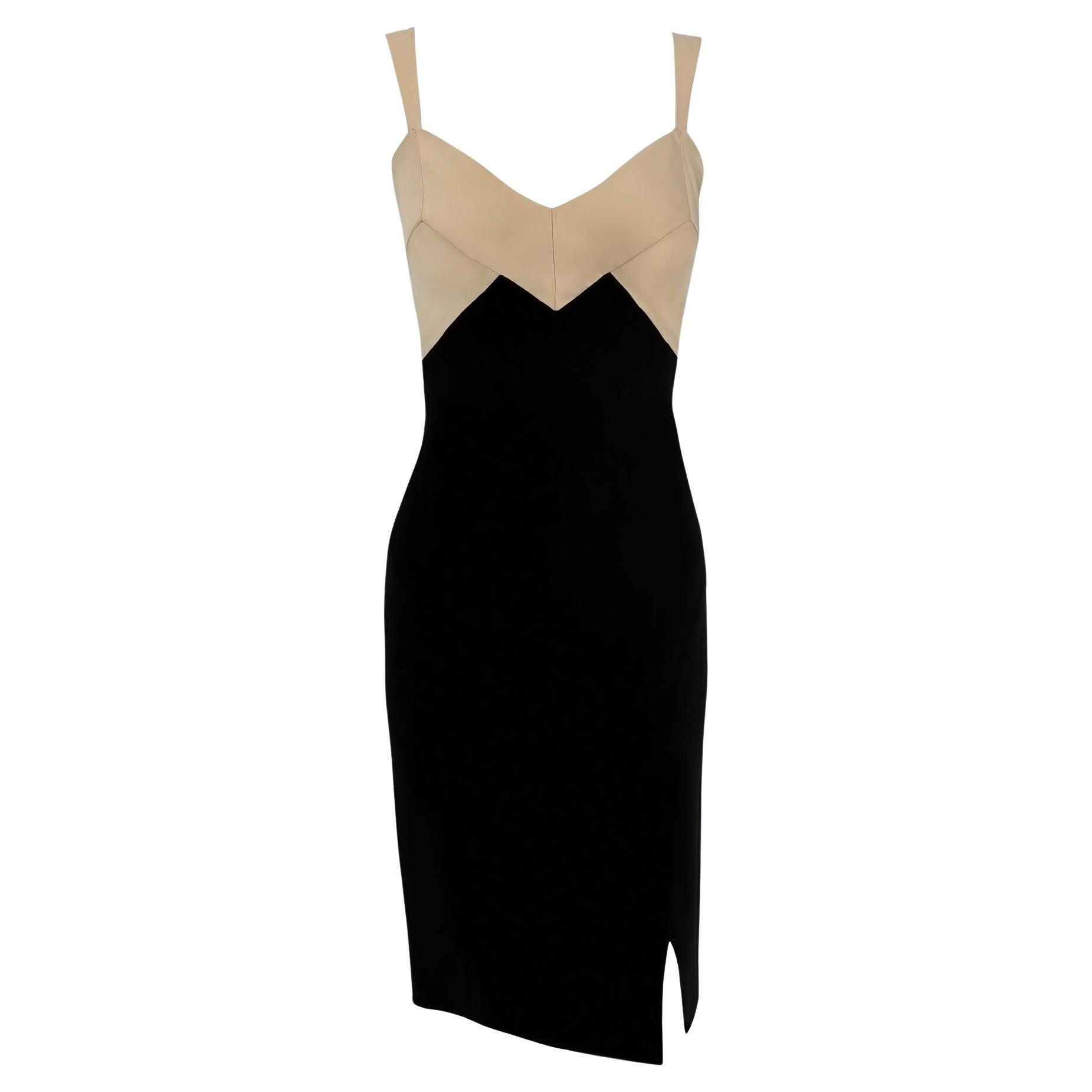 S/S 1995 Donna Karan Runway Tan Satin Black Bodycon Cocktail Dress For Sale