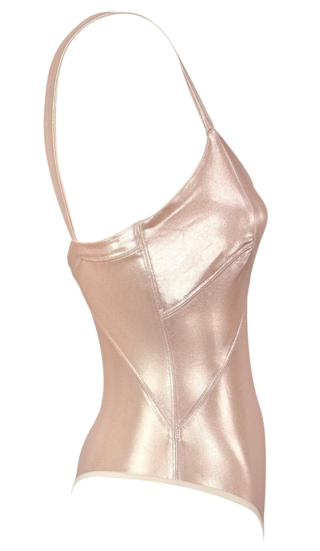 F/S 1995 Donna Karan Schimmerndes Metallic Blush Pink Bodycon Stretch Bodysuit Top Damen im Angebot