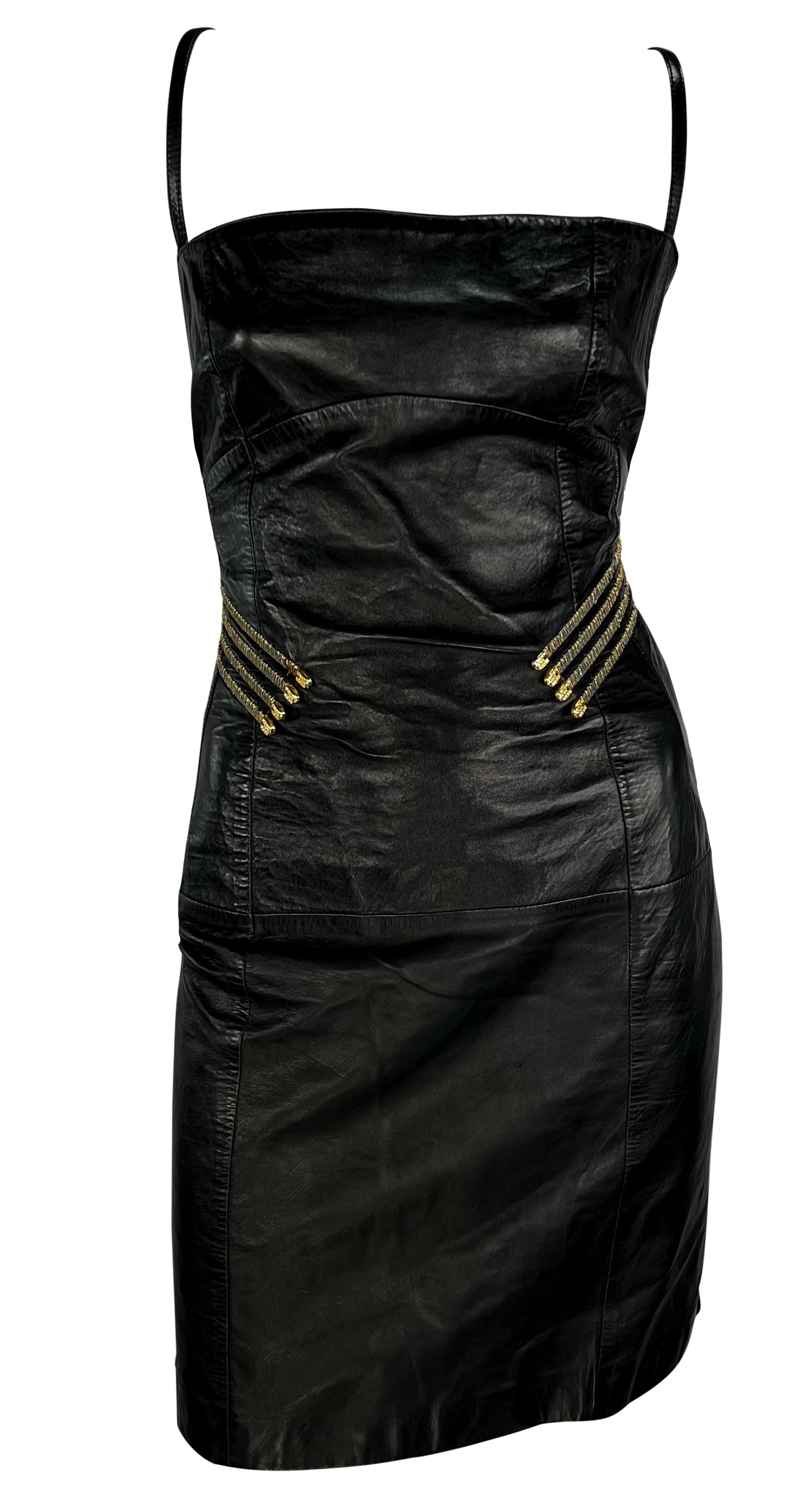S/S 1995 Gianfranco Ferré Rhinestone Gold Corset Boned Black Leather Mini Dress In Excellent Condition For Sale In West Hollywood, CA