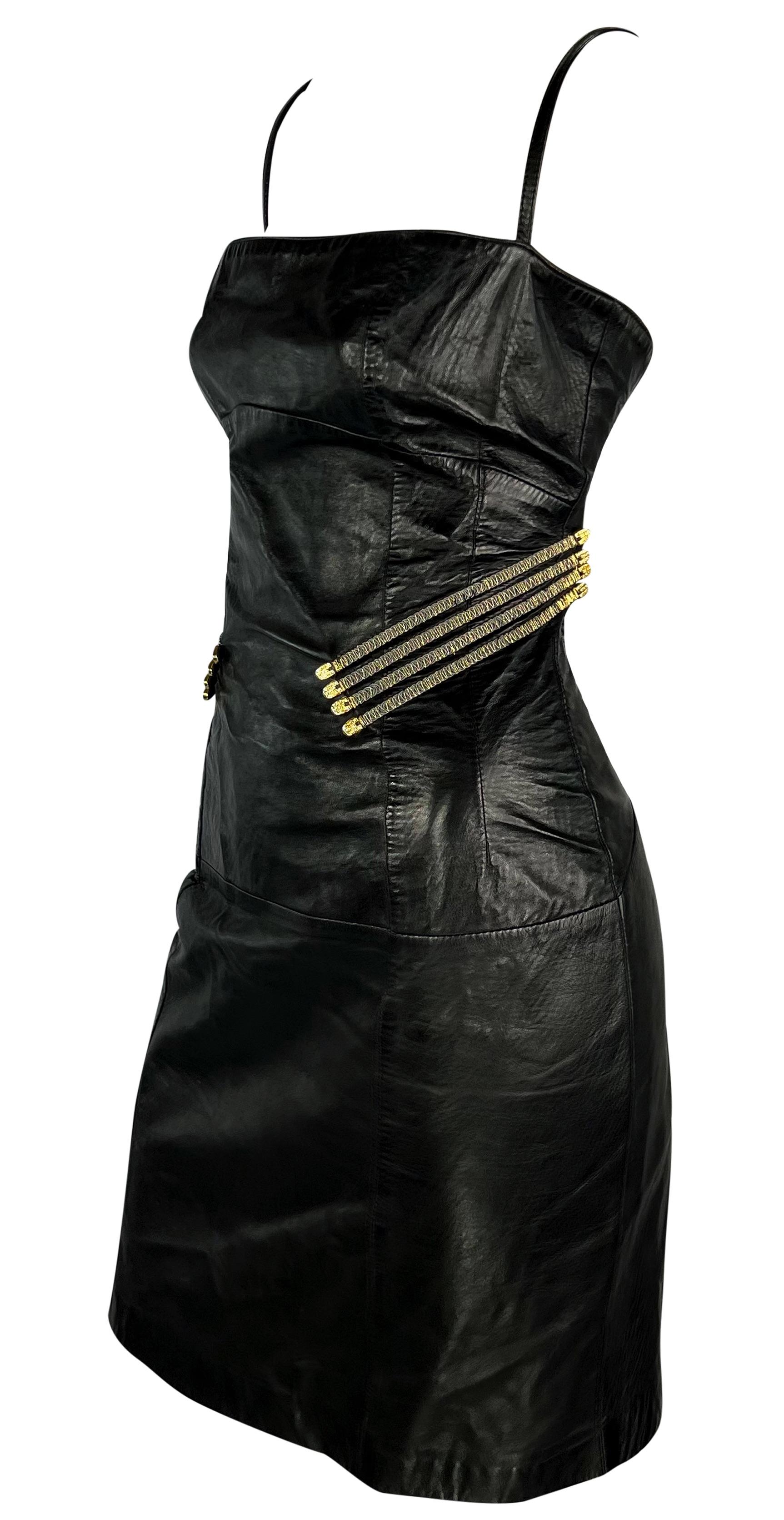 Women's S/S 1995 Gianfranco Ferré Rhinestone Gold Corset Boned Black Leather Mini Dress For Sale