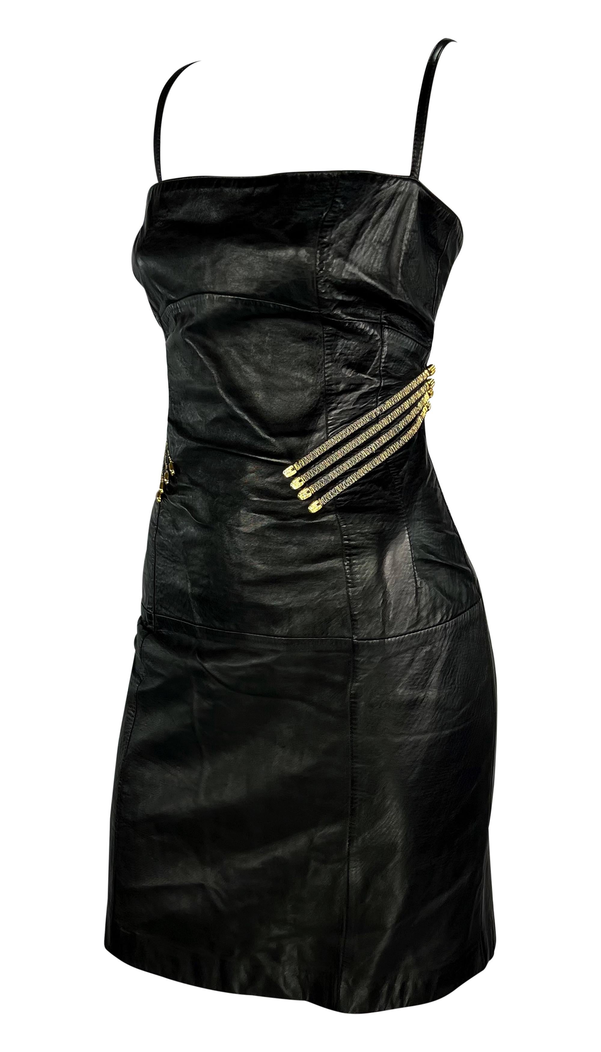 S/S 1995 Gianfranco Ferré Rhinestone Gold Corset Boned Black Leather Mini Dress For Sale 1