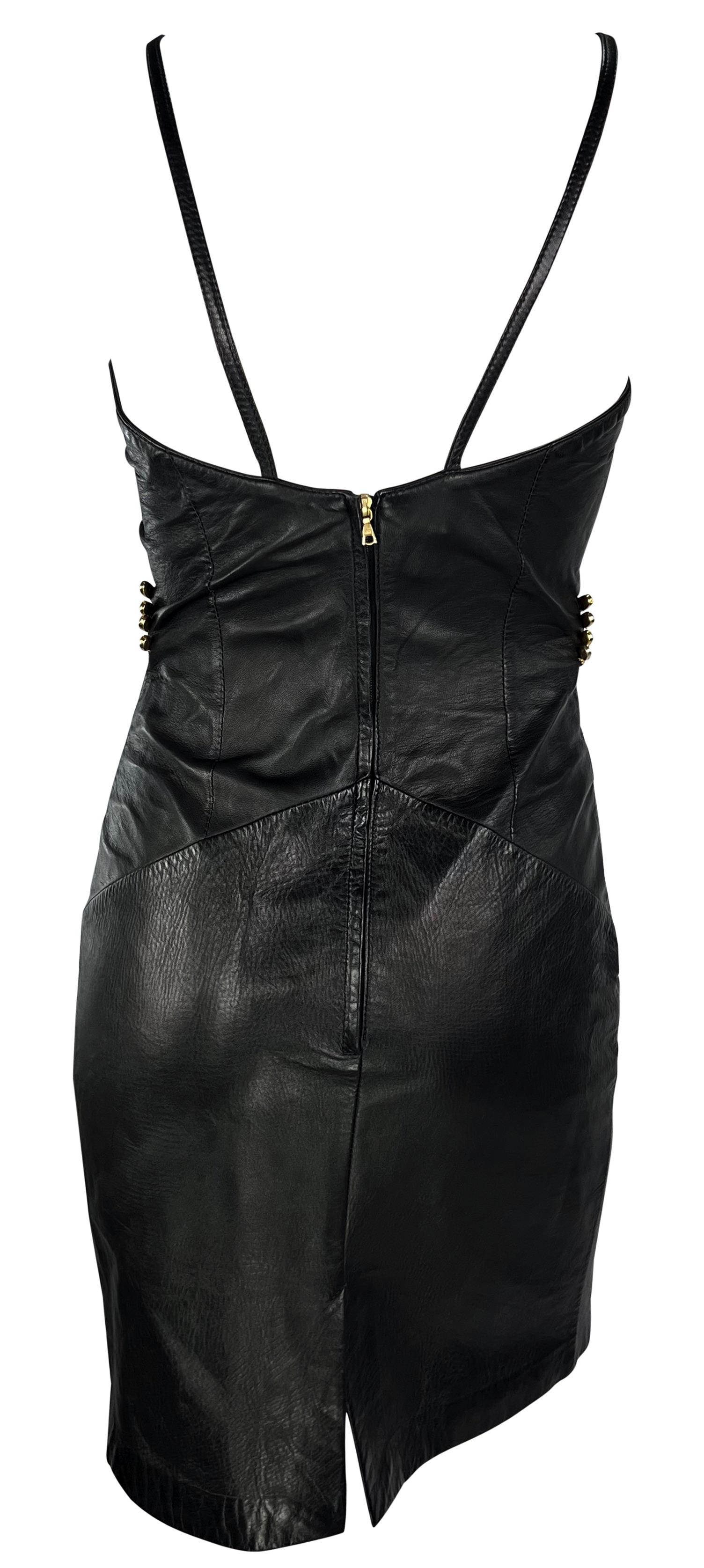 S/S 1995 Gianfranco Ferré Rhinestone Gold Corset Boned Black Leather Mini Dress For Sale 2