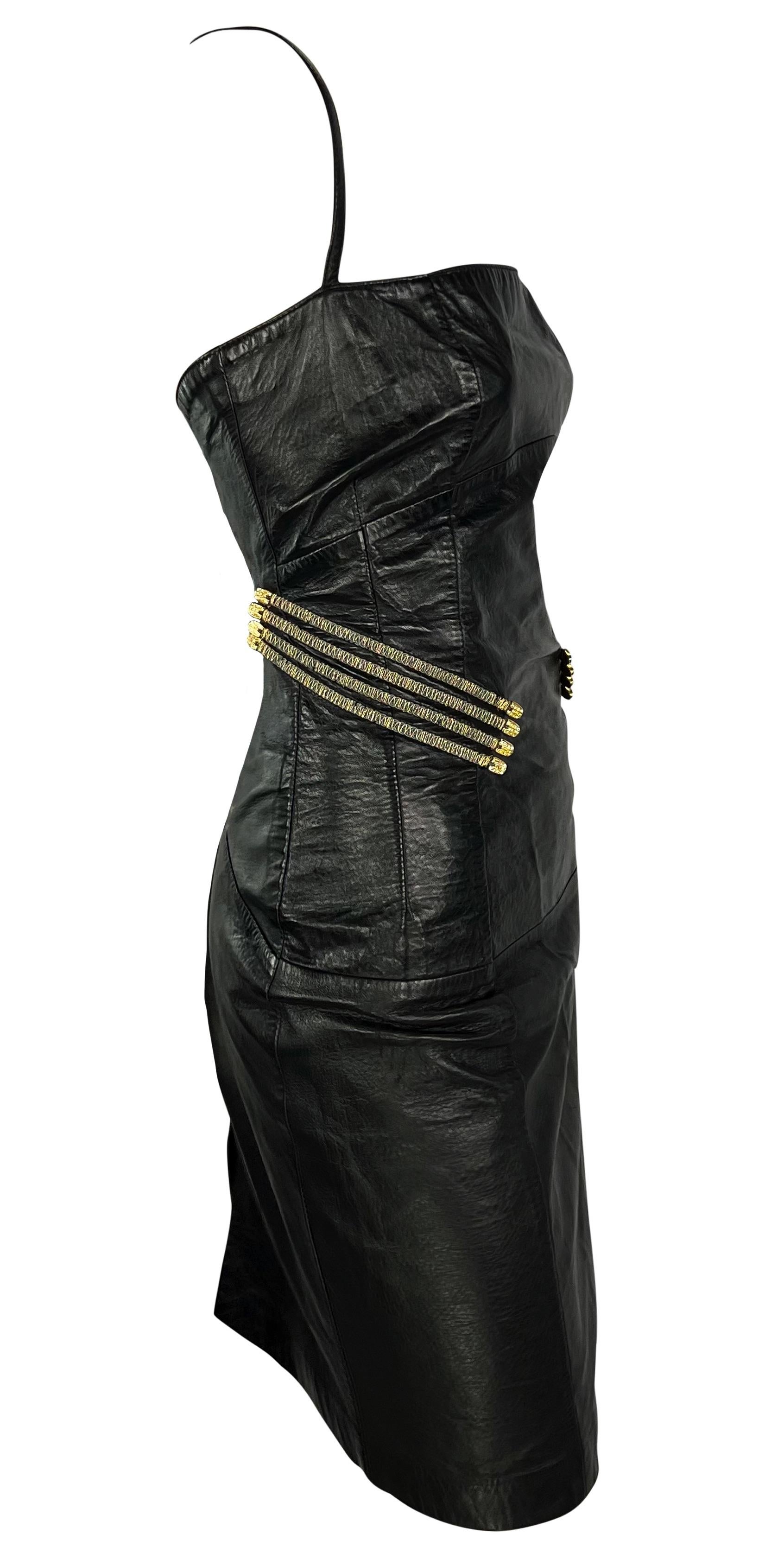S/S 1995 Gianfranco Ferré Rhinestone Gold Corset Boned Black Leather Mini Dress For Sale 3