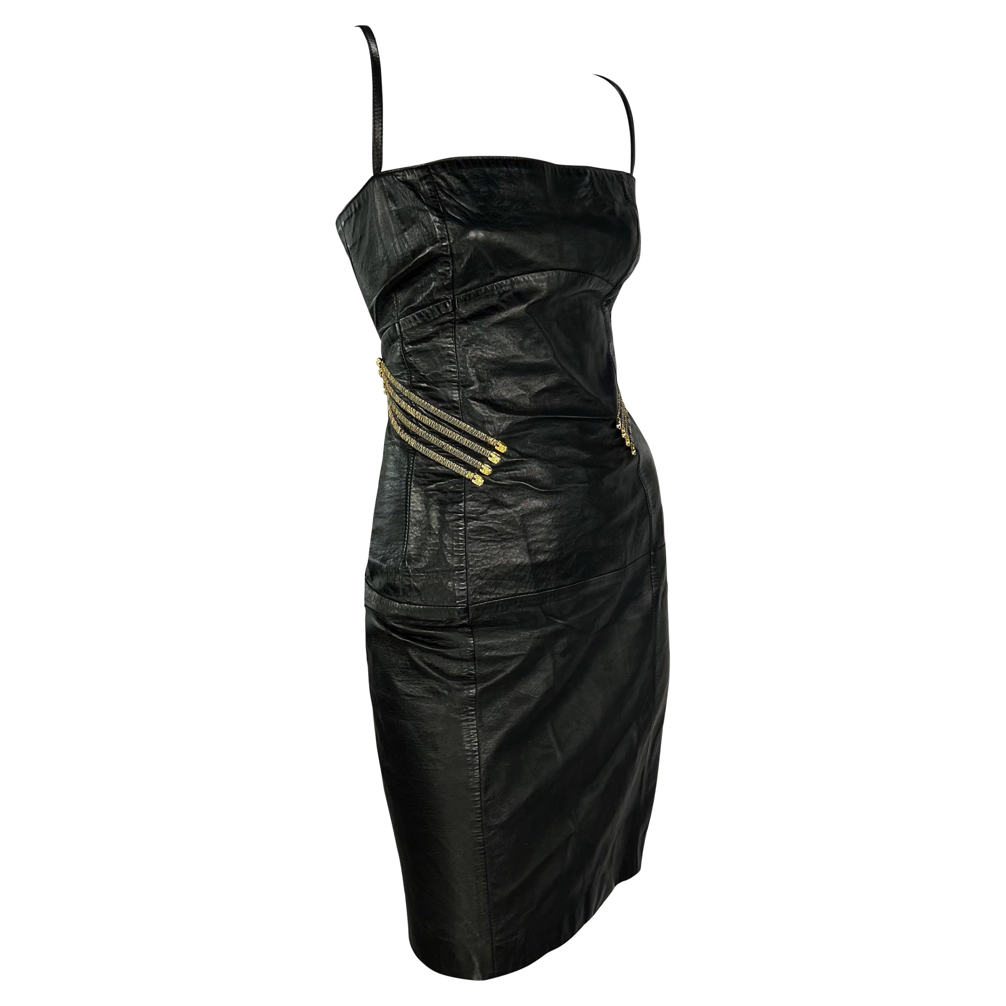 S/S 1995 Gianfranco Ferré Rhinestone Gold Corset Boned Black Leather Mini Dress For Sale