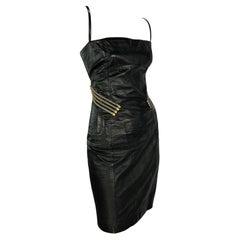Retro S/S 1995 Gianfranco Ferré Rhinestone Gold Corset Boned Black Leather Mini Dress