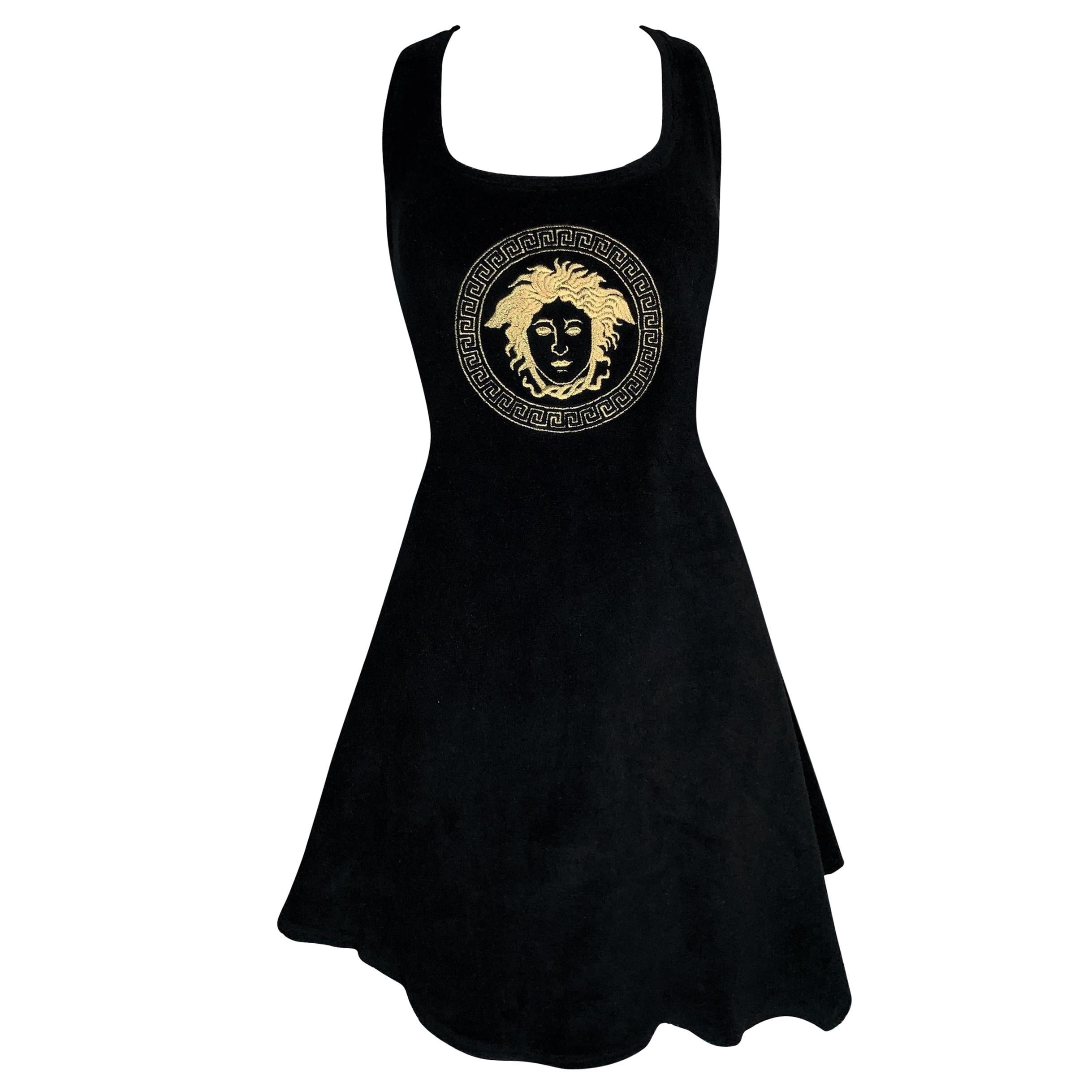 S/S 1995 Gianni Versace Black A-Line Gold Embroidered Medusa Mini Dress