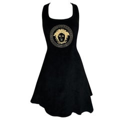 S/S 1995 Gianni Versace Black A-Line Gold Embroidered Medusa Mini Dress