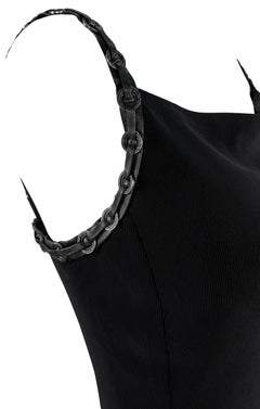 S/S 1995 Gianni Versace Black Leather Strap Greek Key Ring Ribbed Bodycon Dress