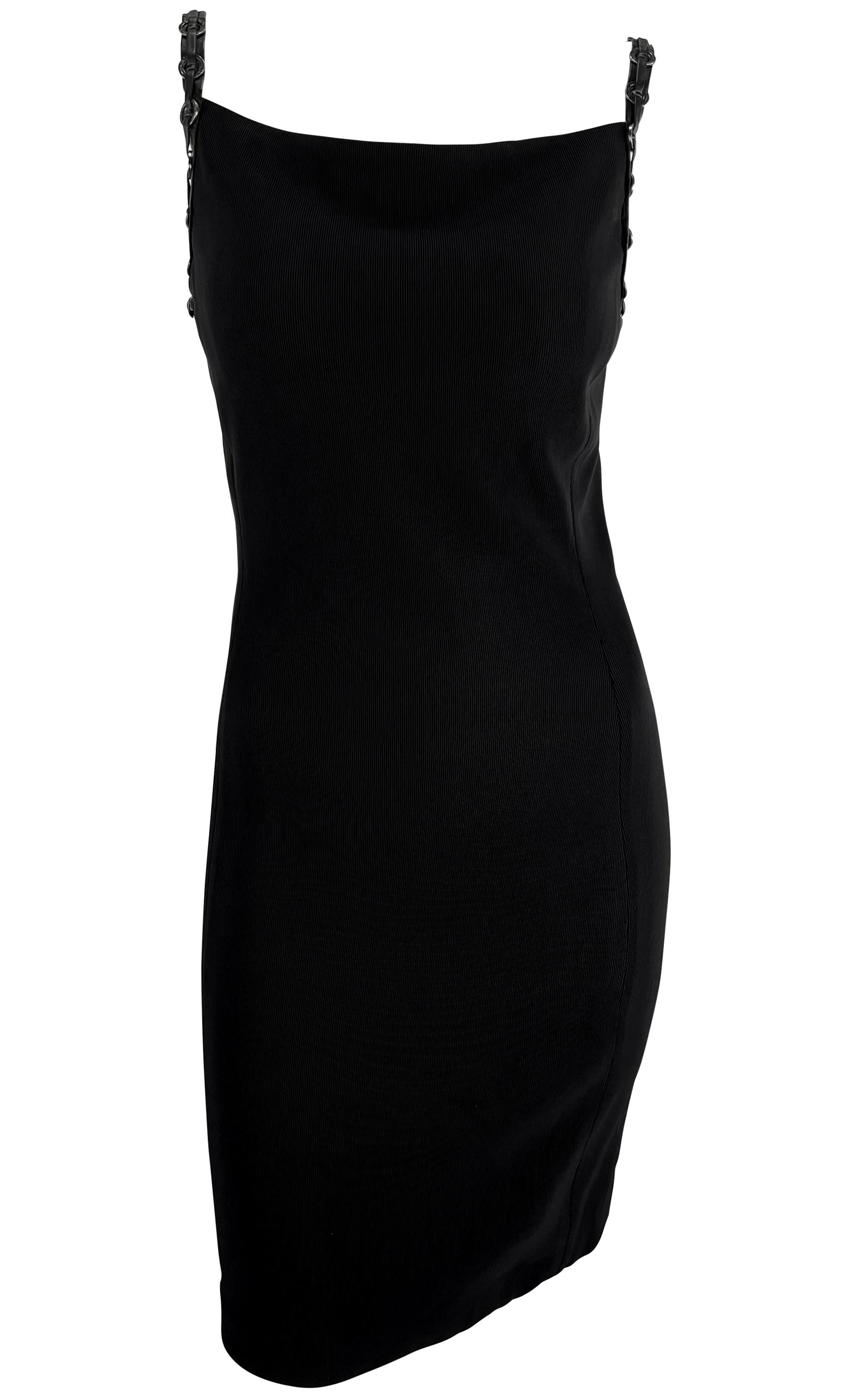 S/S 1995 Gianni Versace Black Leather Strap Greek Key Ring Ribbed Bodycon Dress In Excellent Condition For Sale In West Hollywood, CA