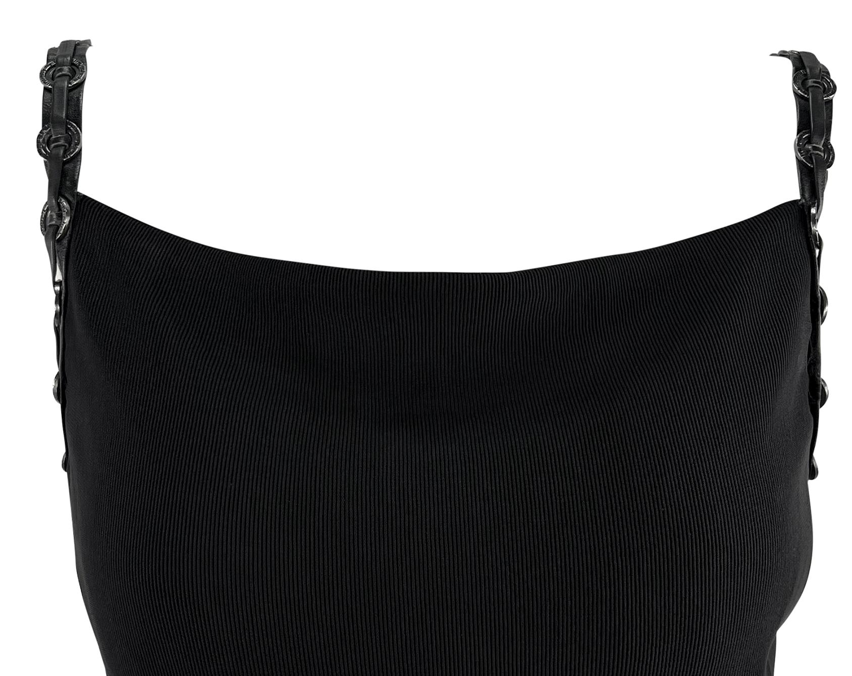 Women's S/S 1995 Gianni Versace Black Leather Strap Greek Key Ring Ribbed Bodycon Dress For Sale