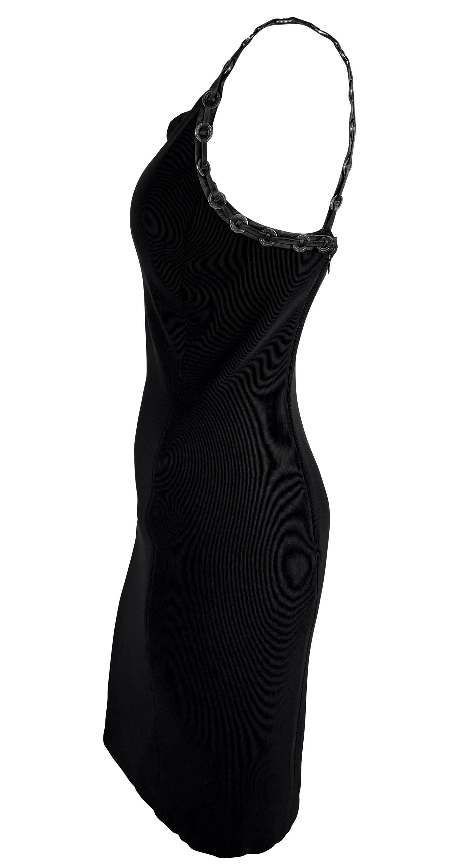 S/S 1995 Gianni Versace Black Leather Strap Greek Key Ring Ribbed Bodycon Dress For Sale 2