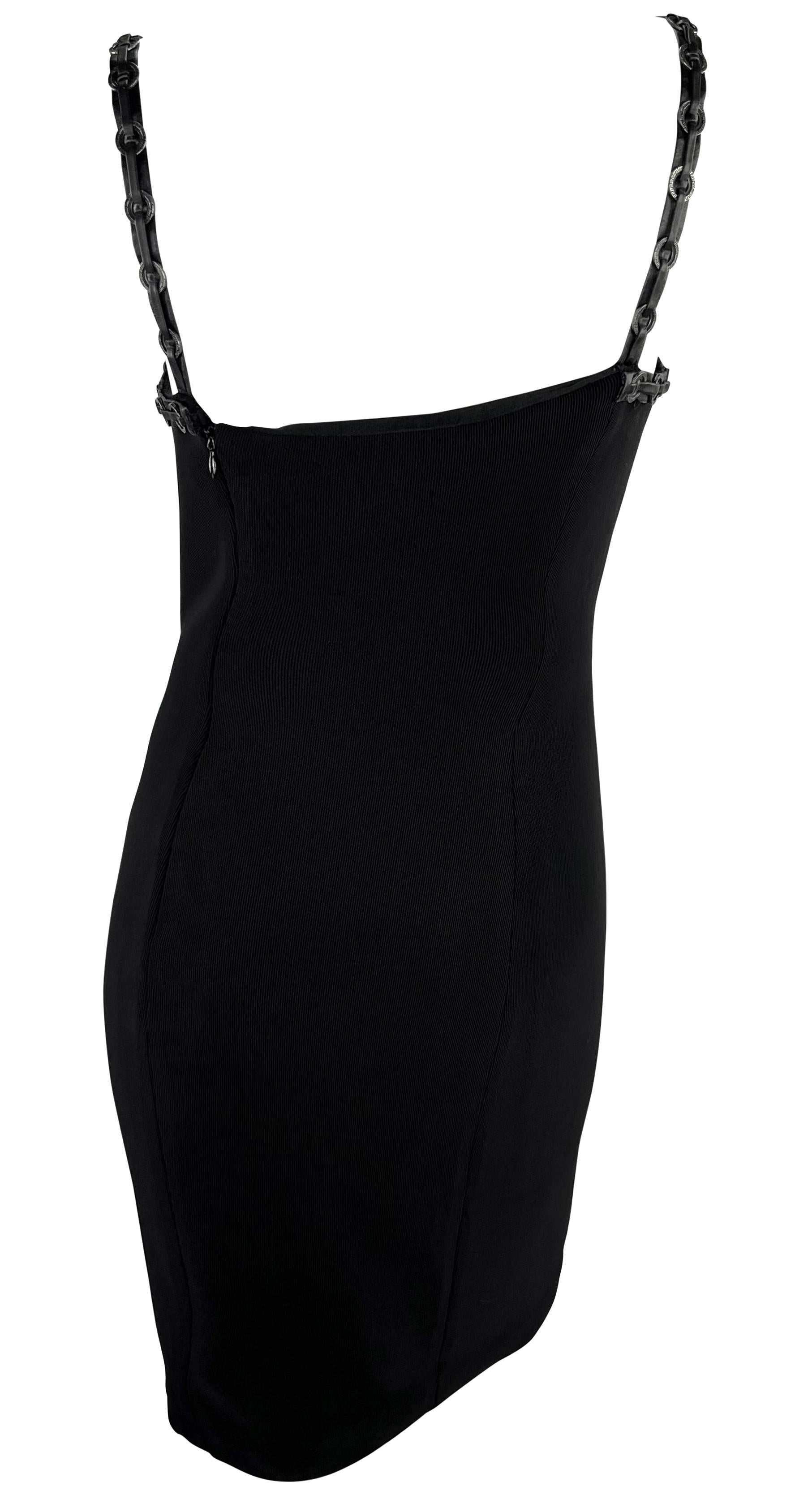 S/S 1995 Gianni Versace Black Leather Strap Greek Key Ring Ribbed Bodycon Dress For Sale 3