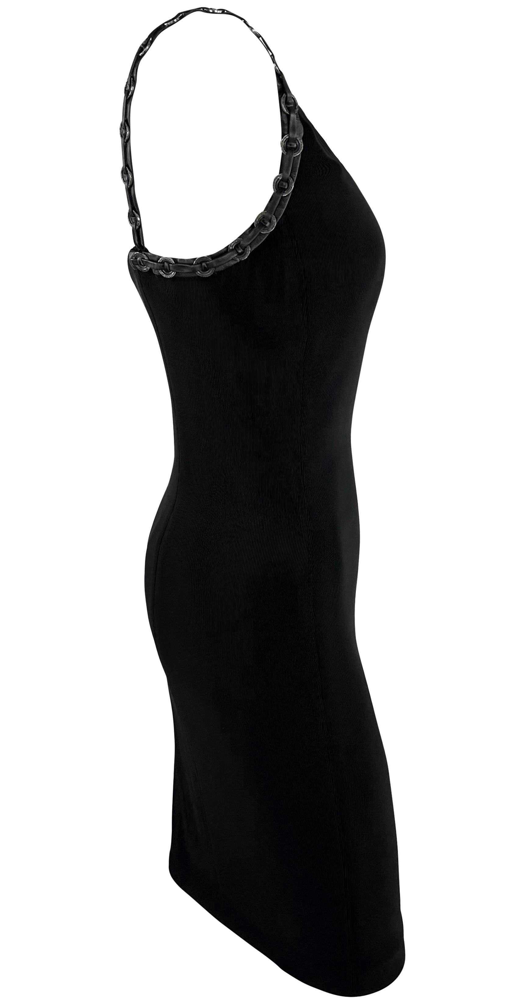 S/S 1995 Gianni Versace Black Leather Strap Greek Key Ring Ribbed Bodycon Dress For Sale 4