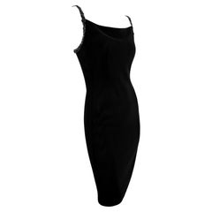 S/S 1995 Gianni Versace Black Leather Strap Greek Key Ring Ribbed Bodycon Dress