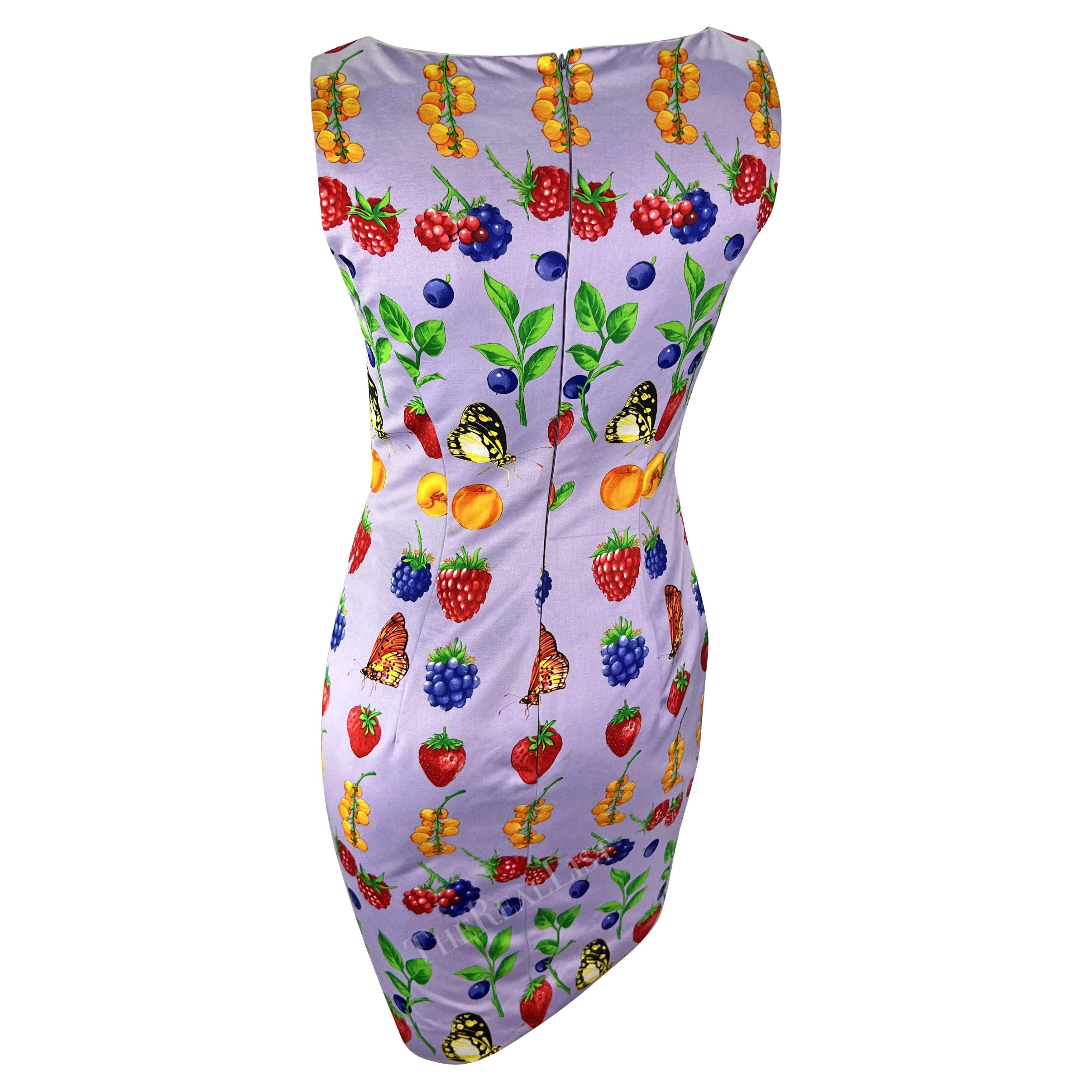Women's S/S 1995 Gianni Versace Butterfly Berry Garden Print Lavender Pencil Dress For Sale