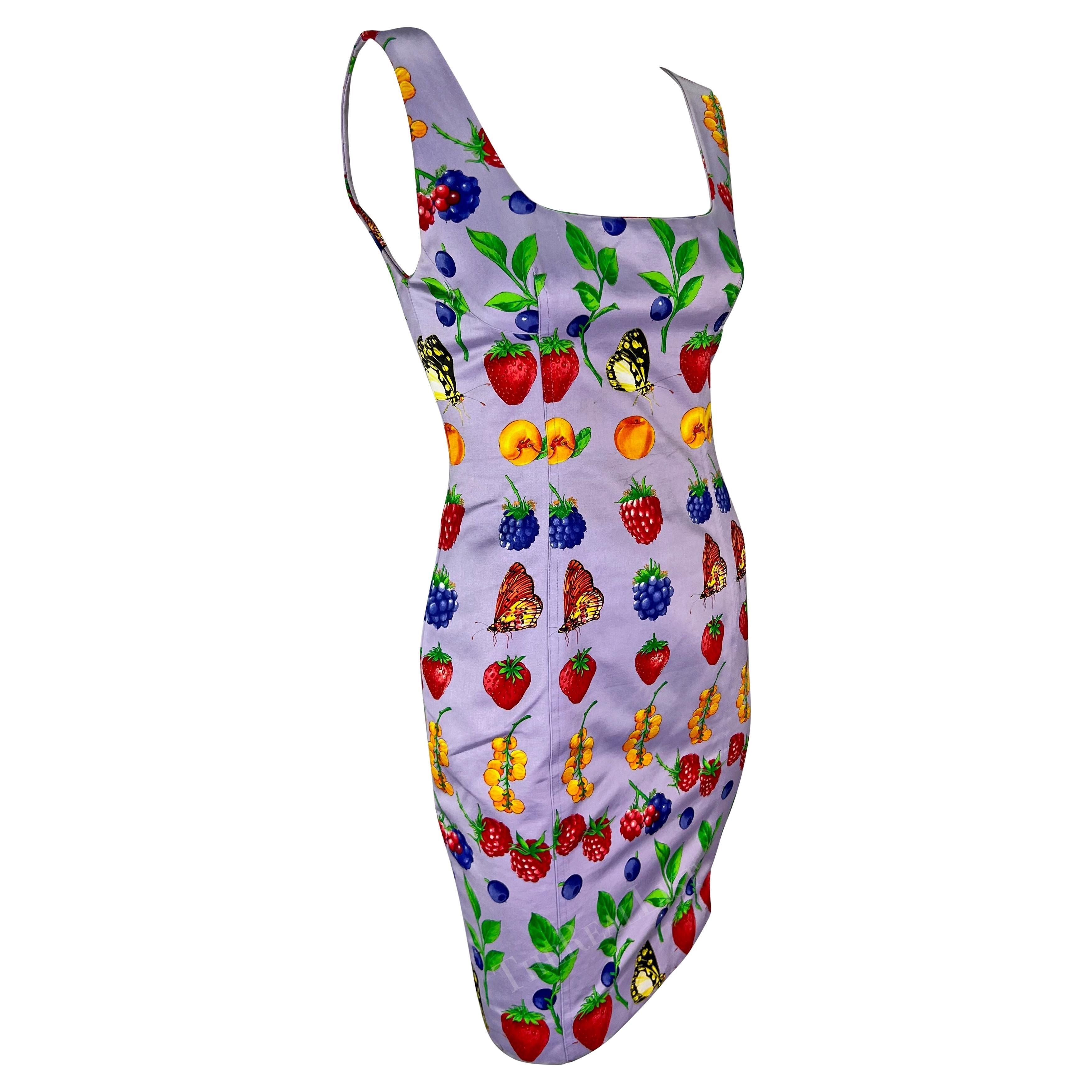 S/S 1995 Gianni Versace Butterfly Berry Garden Print Lavender Pencil Dress For Sale 1