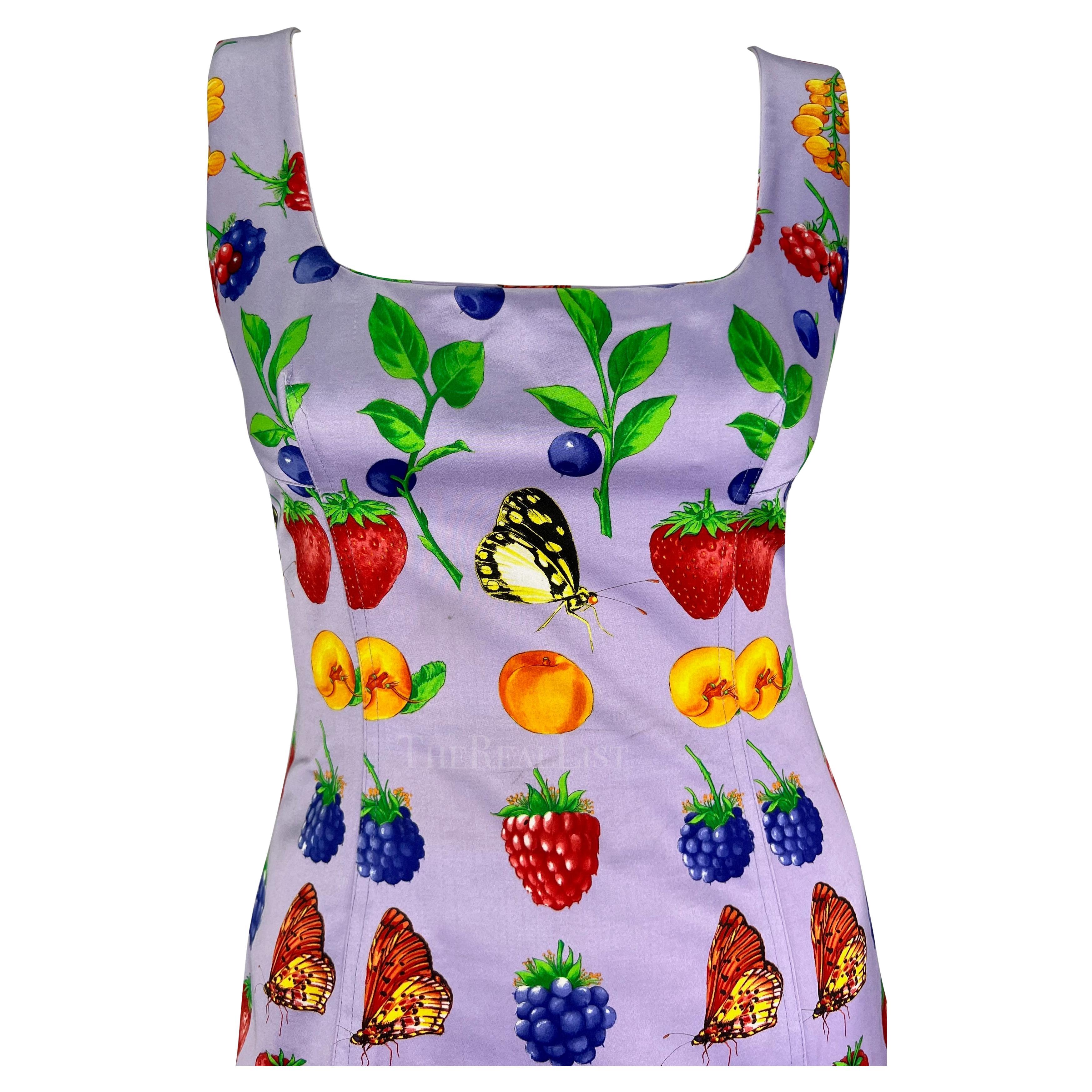 S/S 1995 Gianni Versace Butterfly Berry Garden Print Lavender Pencil Dress For Sale 3