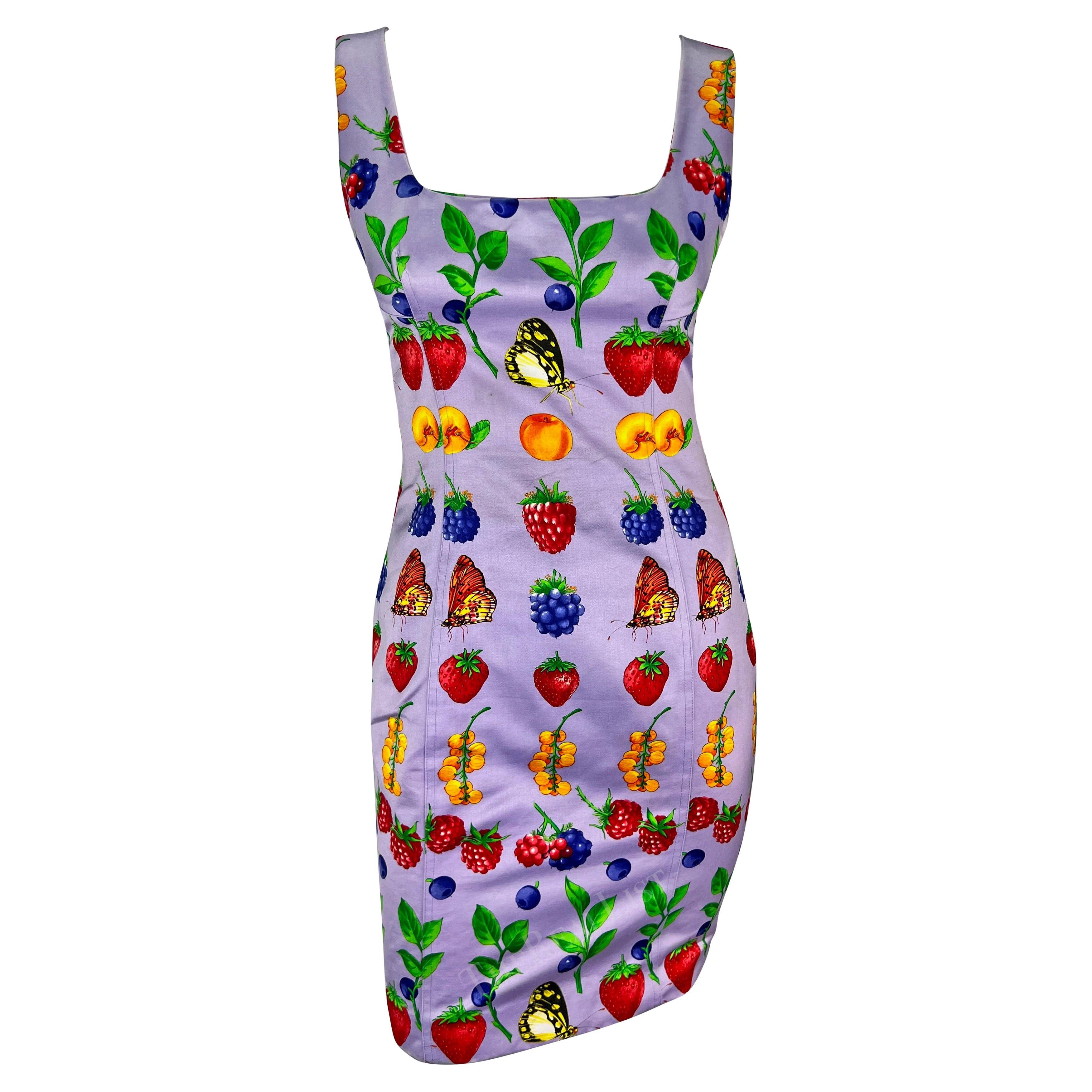 S/S 1995 Gianni Versace Butterfly Berry Garden Print Lavender Pencil Dress For Sale