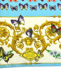 S/S 1995 Gianni Versace Butterfly Print Blue Baroque Silk Square Head Scarf