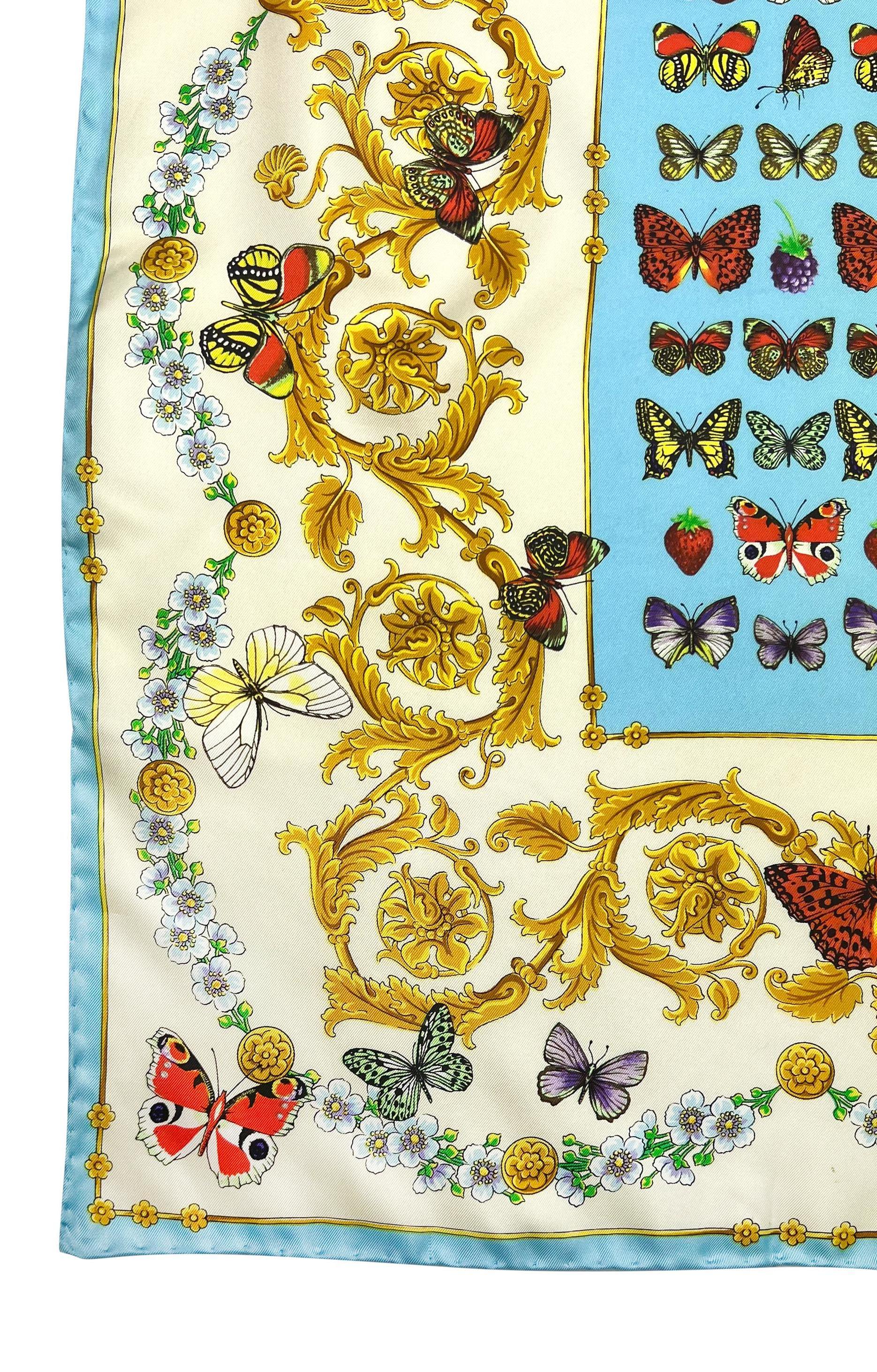 S/S 1995 Gianni Versace Butterfly Print Blue Baroque Silk Square Head Scarf In Excellent Condition For Sale In West Hollywood, CA