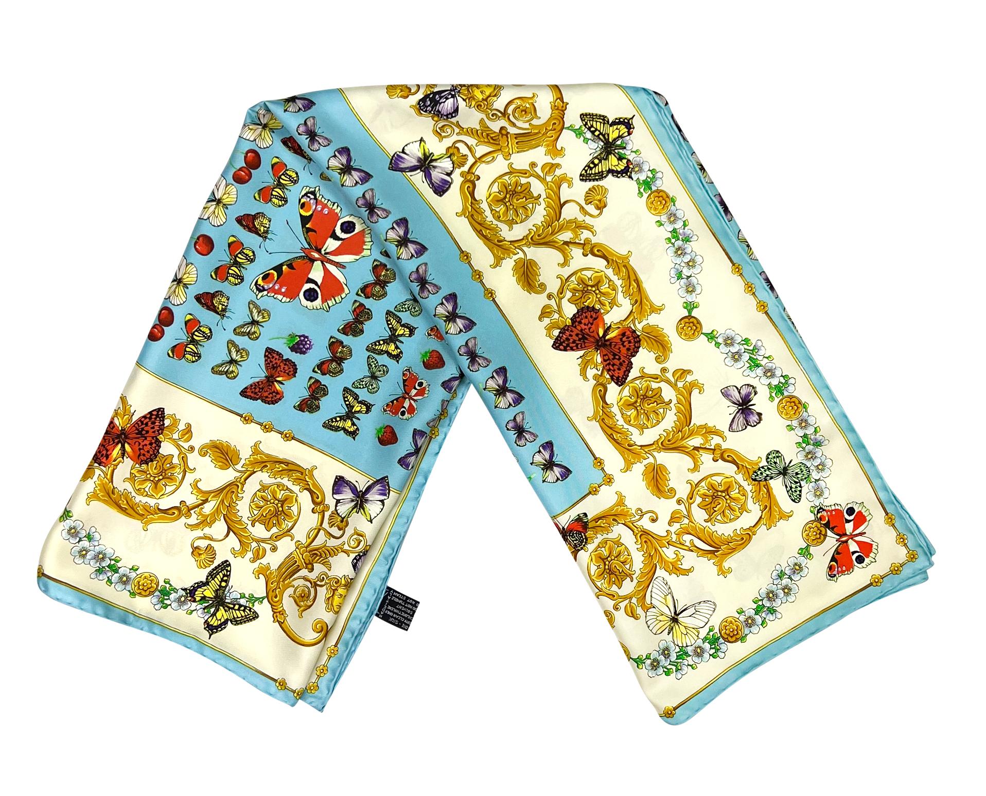Women's S/S 1995 Gianni Versace Butterfly Print Blue Baroque Silk Square Head Scarf For Sale