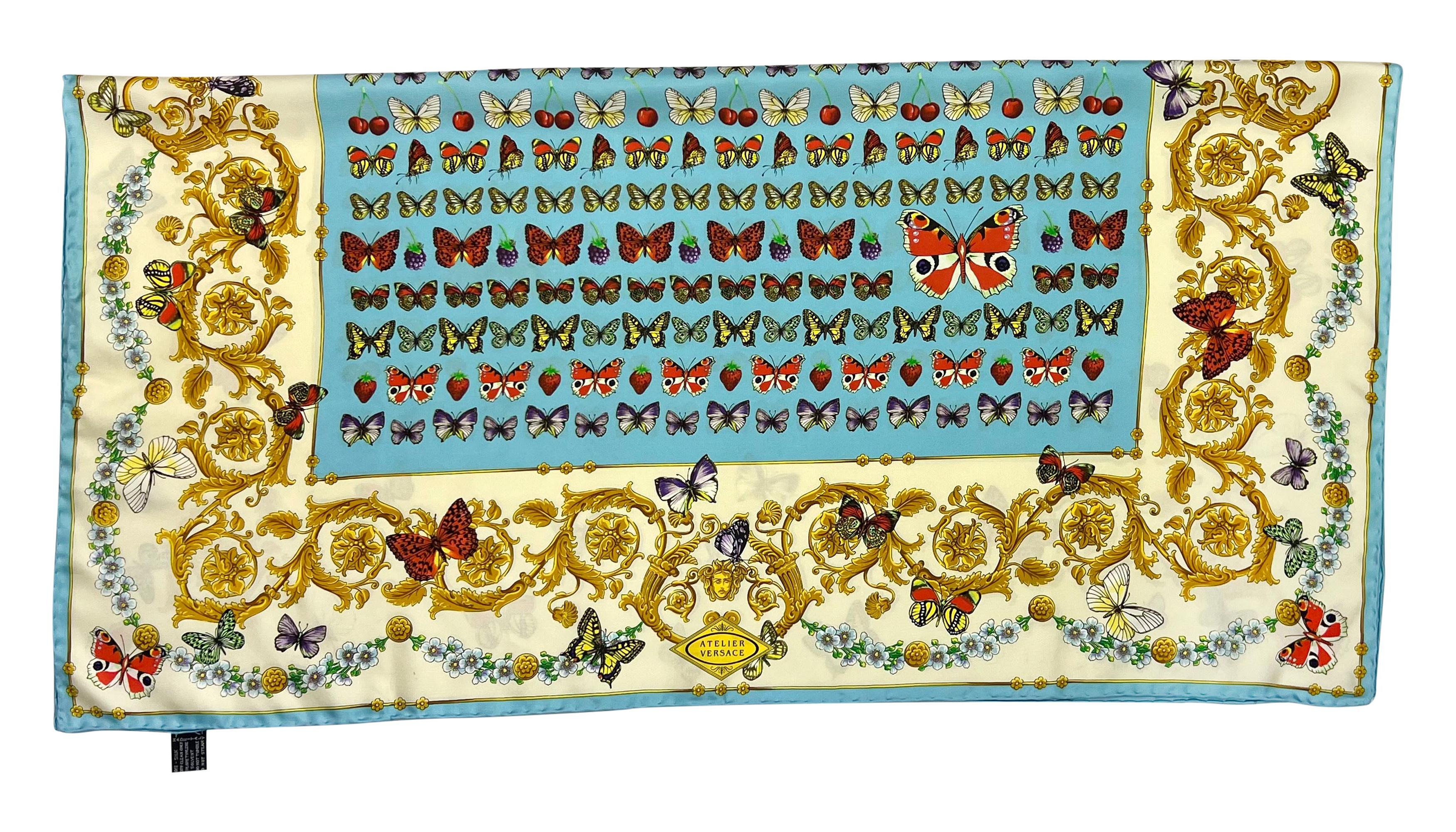 S/S 1995 Gianni Versace Butterfly Print Blue Baroque Silk Square Head Scarf For Sale 1