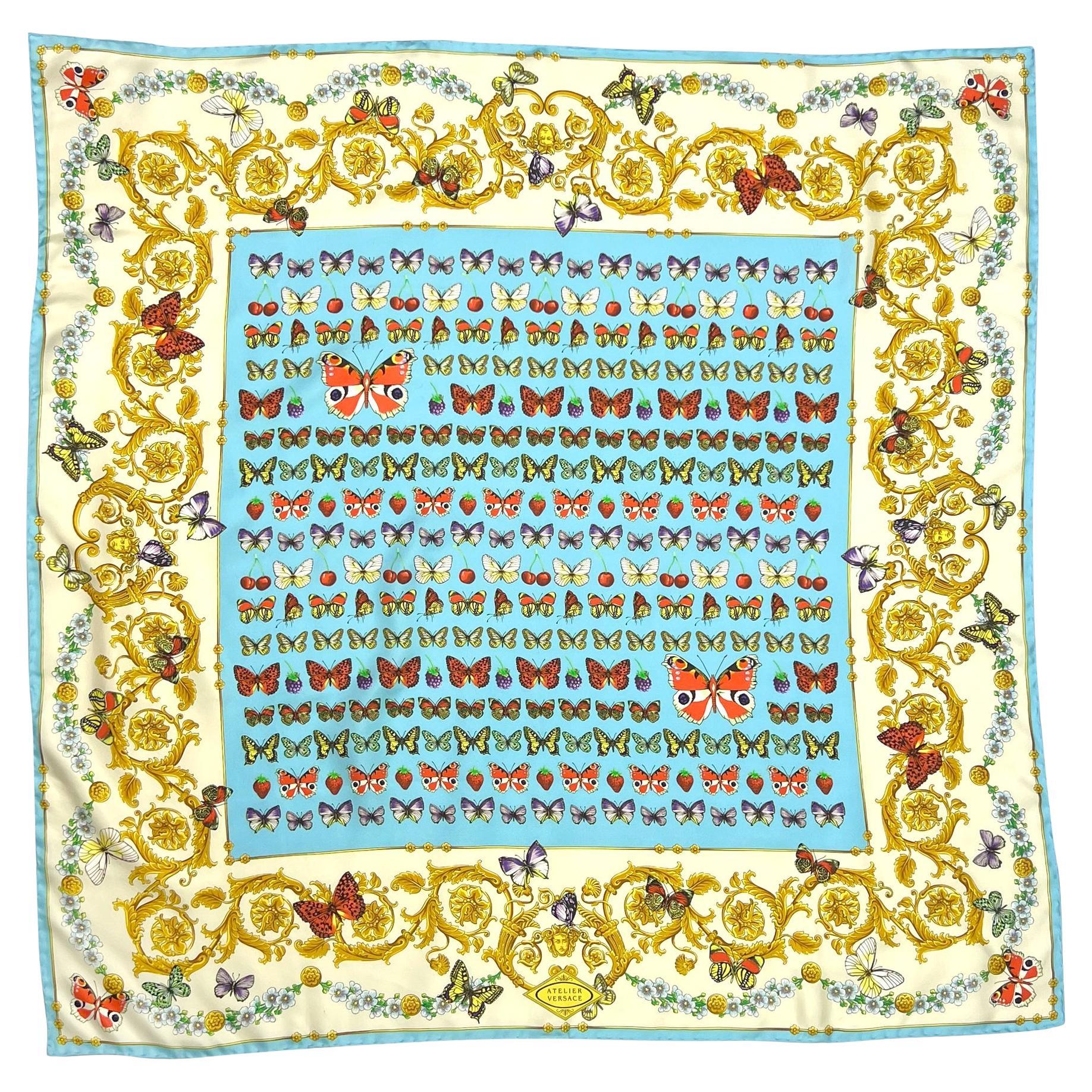 S/S 1995 Gianni Versace Butterfly Print Blue Baroque Silk Square Head Scarf For Sale