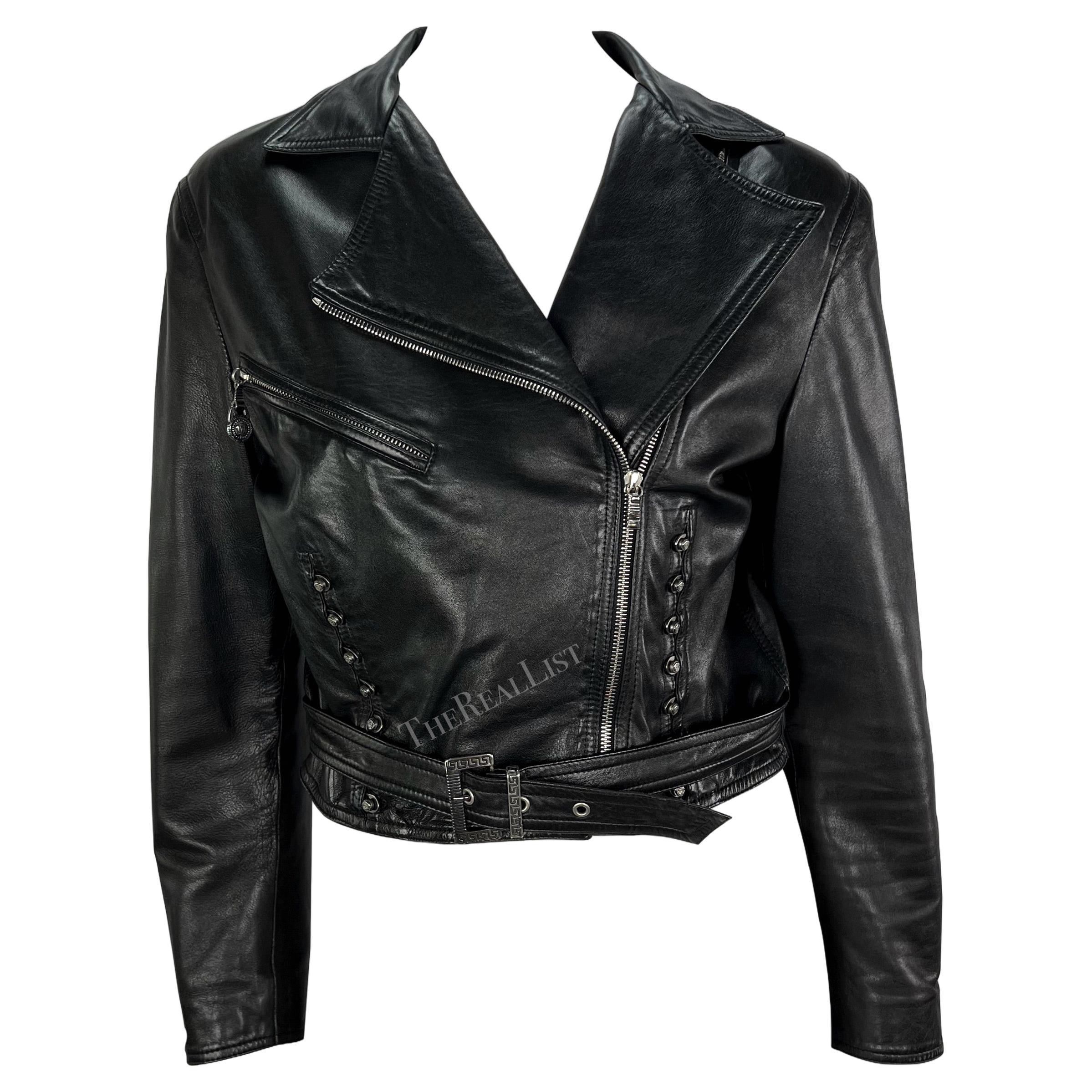 S/S 1995 Gianni Versace Corsetry Style Black Leather Cropped Leather Jacket For Sale