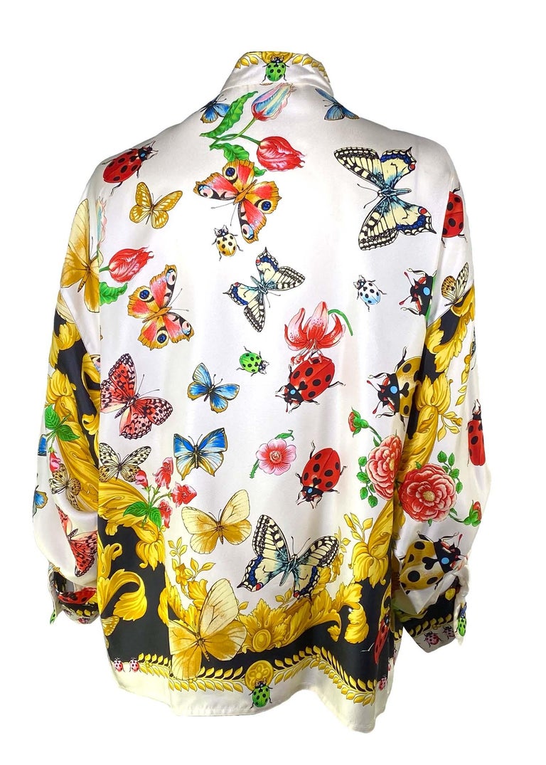 Beige S/S 1995 Gianni Versace Couture Lady Bug Garden Baroque Print Button Up Silk Top For Sale