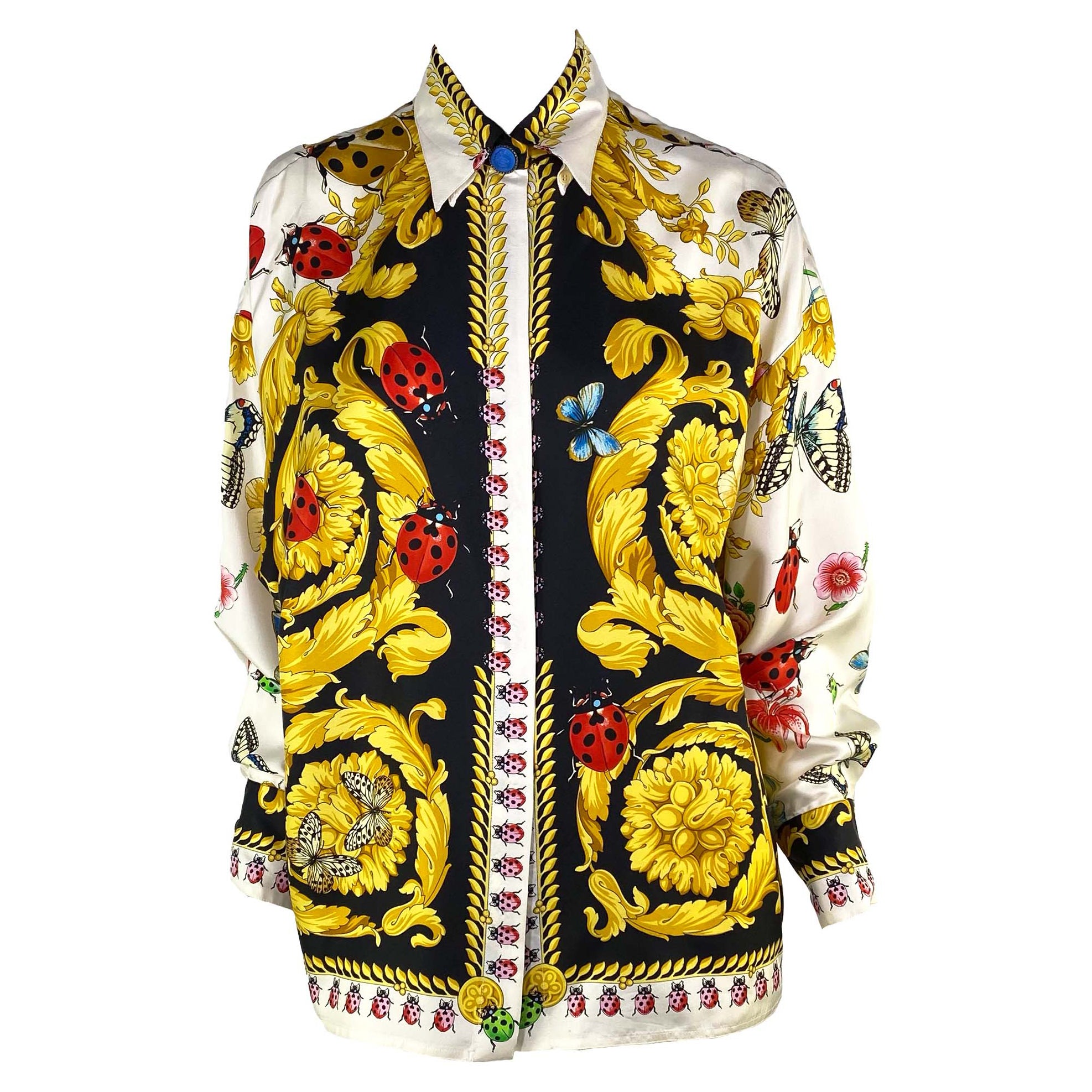 F/S 1995 Gianni Versace Couture Lady Bug Garden Barockes Seidenoberteil mit Knopfleiste und Barockdruck und Knopfleiste