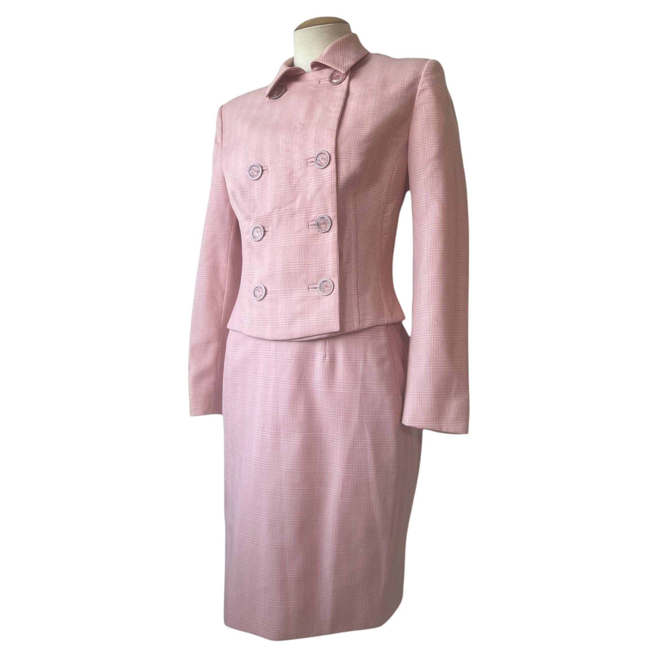 S/S 1995 Gianni Versace Couture Pink Gingham Skirt Suit