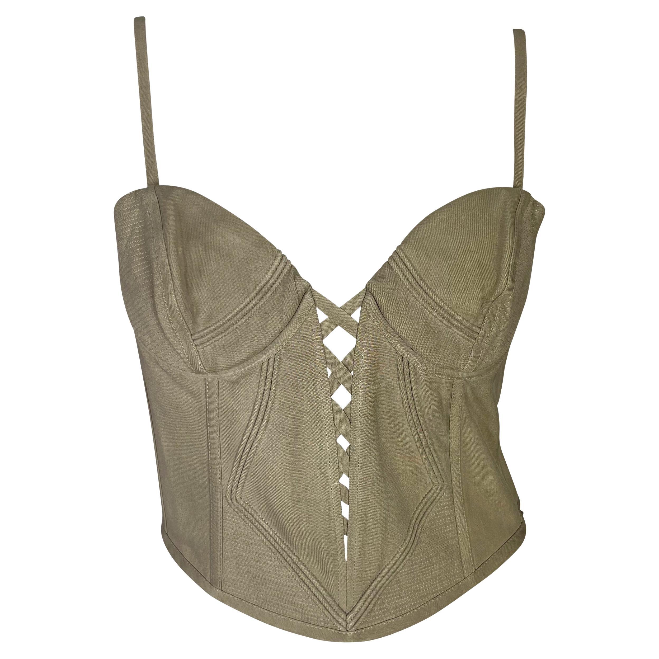S/S 1995 Gianni Versace Couture Plunging Corset Beige Silk Bustier Crop Top For Sale
