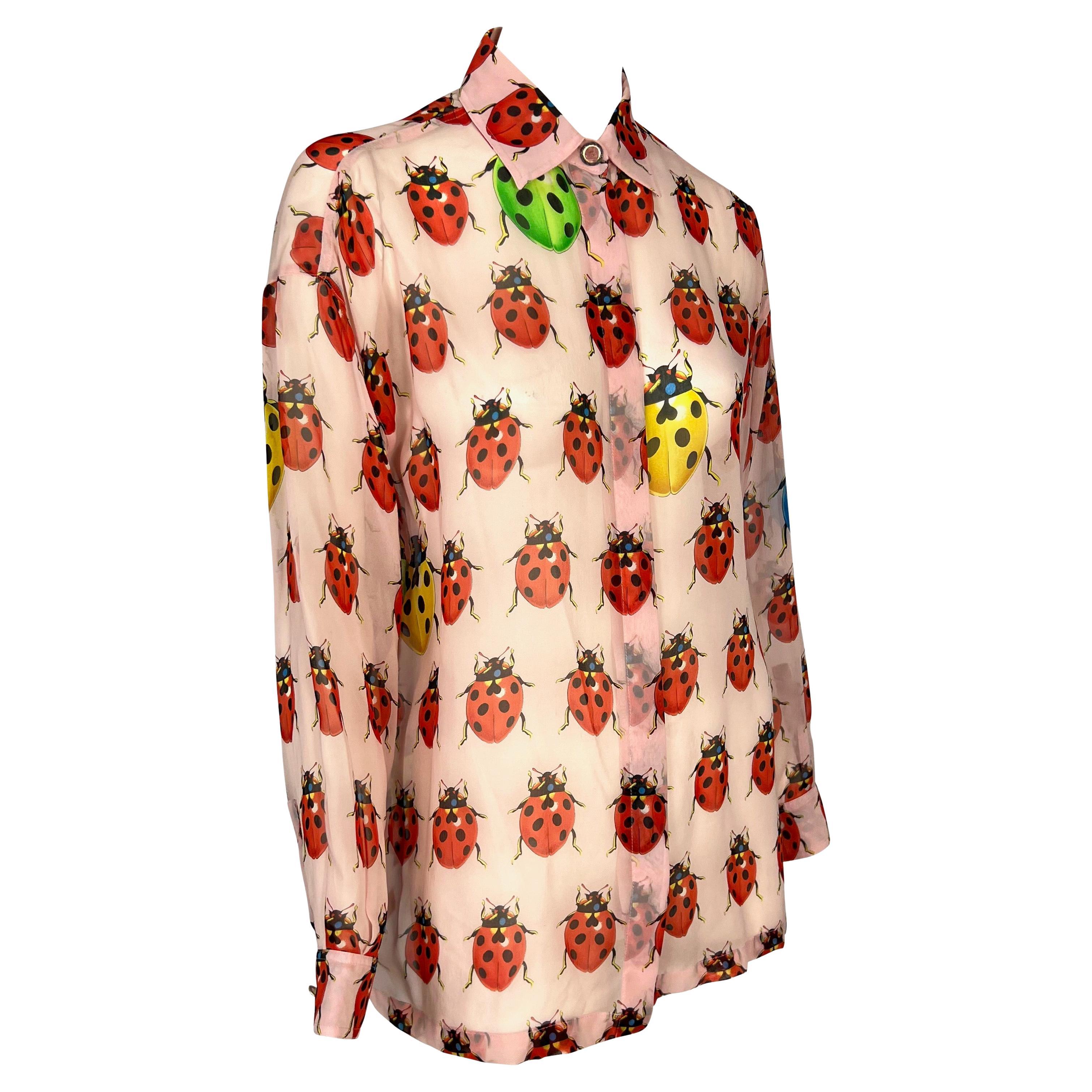 Beige S/S 1995 Gianni Versace Couture Sheer Pink Ladybug Print Medusa Button Blouse For Sale