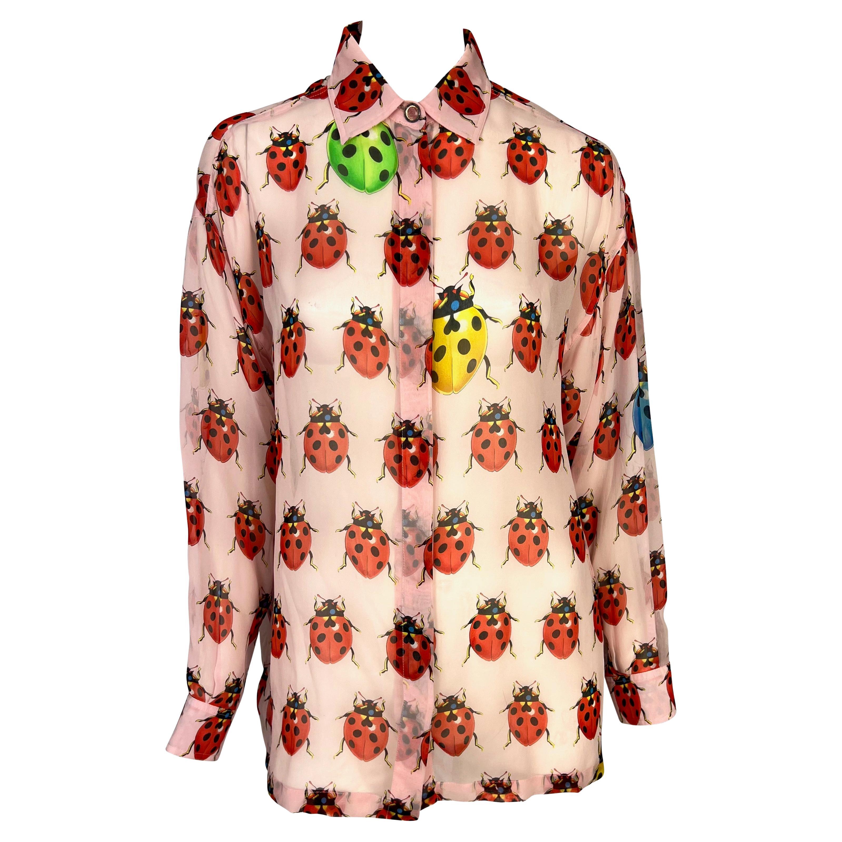 S/S 1995 Gianni Versace Couture Sheer Pink Ladybug Print Medusa Button Blouse For Sale