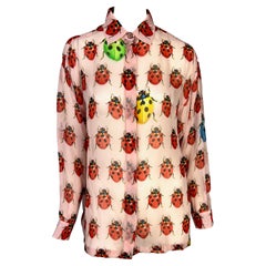 S/S 1995 Gianni Versace Couture Sheer Pink Ladybug Print Medusa Button Blouse