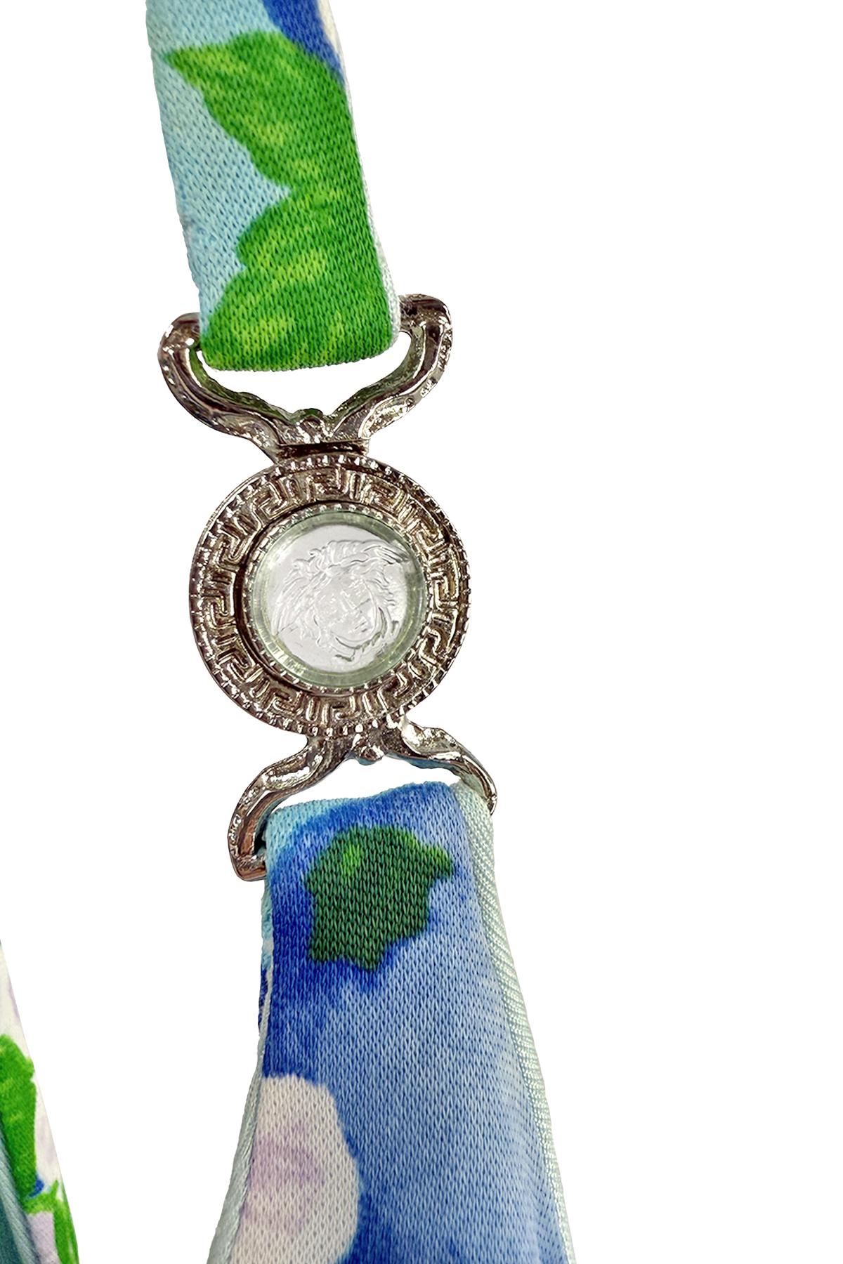 Donna P/E 1995 Gianni Versace Medusa Fibbia Mini Abito Stampa Agrumi Azzurro