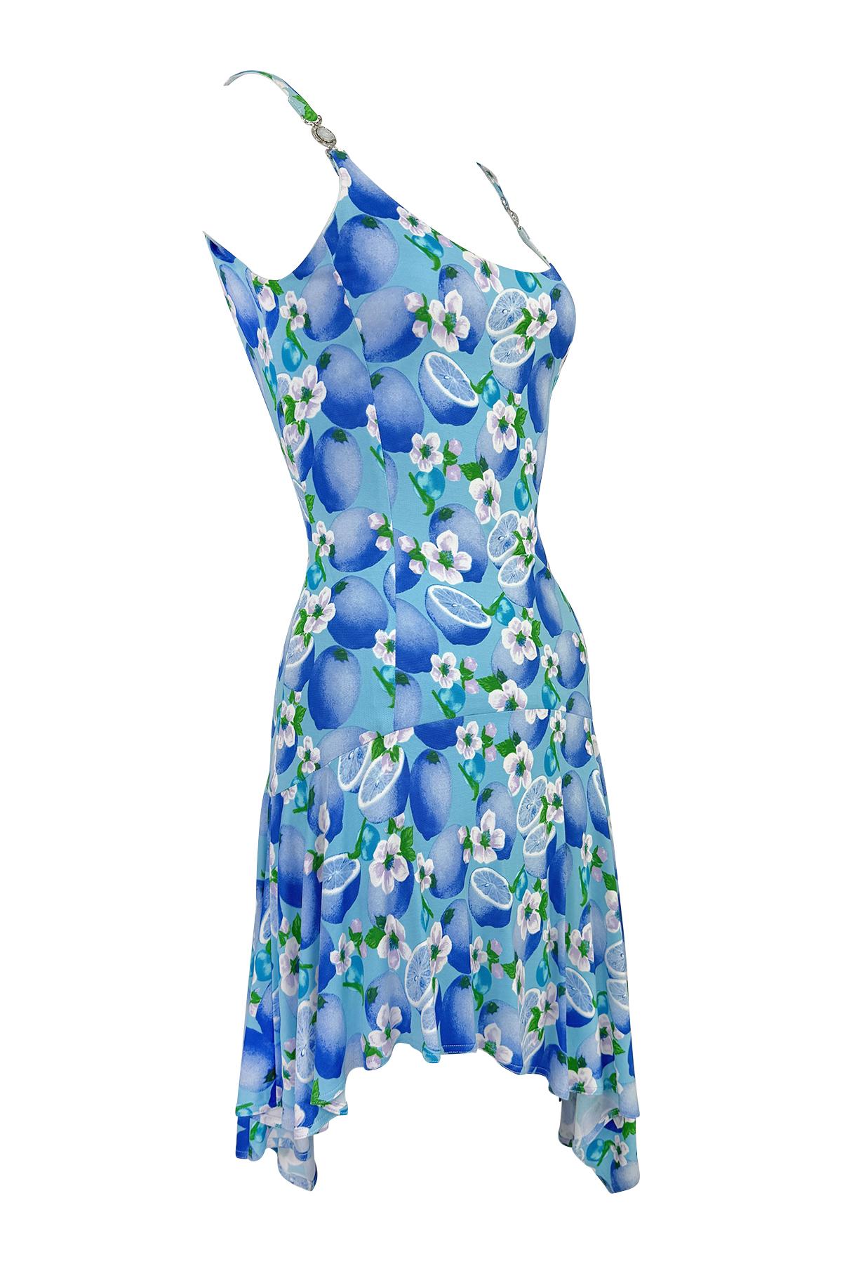 P/E 1995 Gianni Versace Medusa Fibbia Mini Abito Stampa Agrumi Azzurro 1
