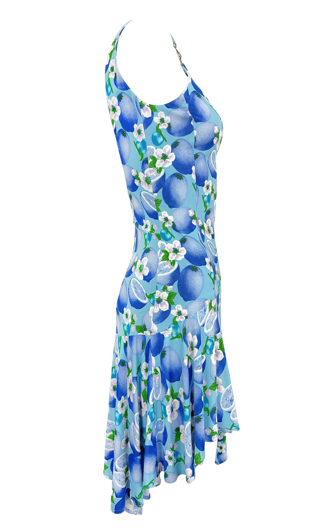 P/E 1995 Gianni Versace Medusa Fibbia Mini Abito Stampa Agrumi Azzurro 2