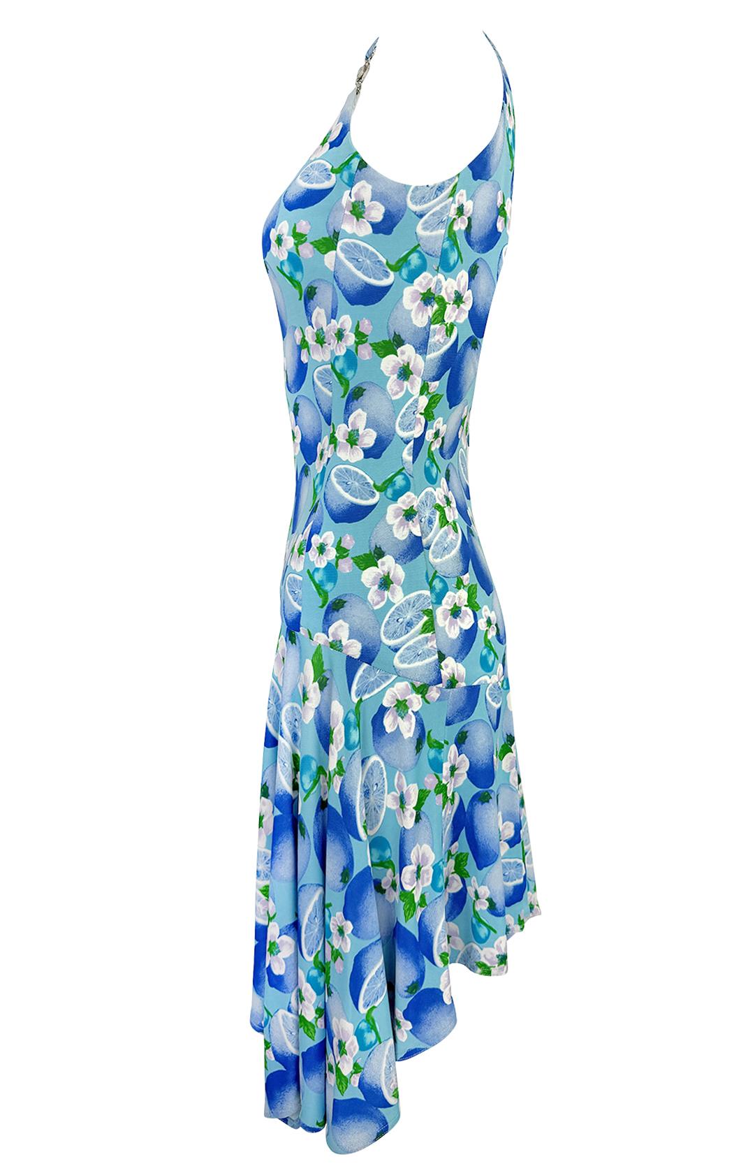 P/E 1995 Gianni Versace Medusa Fibbia Mini Abito Stampa Agrumi Azzurro 4