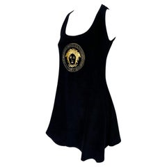 S/S 1995 Gianni Versace Medusa Embroidered Terry Cloth Black Flare Mini Dress